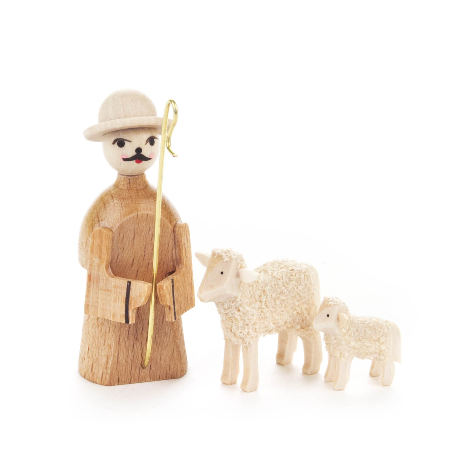 Holzfigur eines Schäfers mit einem großen Stock in der Hand, begleitet von zwei Schafen, hergestellt aus hellem Holz. im Dregeno Online Shop günstig kaufen