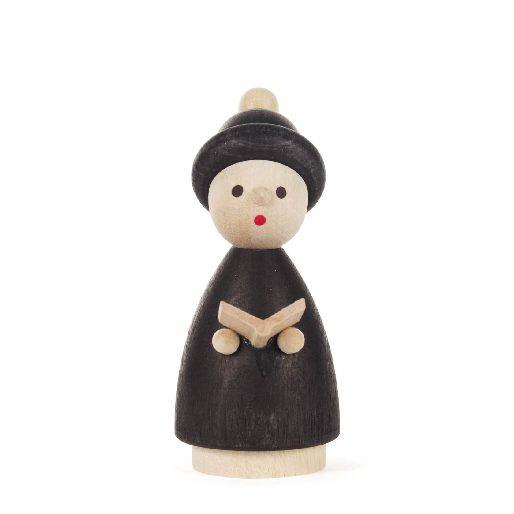 Holzfigur eines Kurrendekindes mit schwarzem Mantel und Hut, hält ein Buch in den Händen. im Dregeno Online Shop günstig kaufen