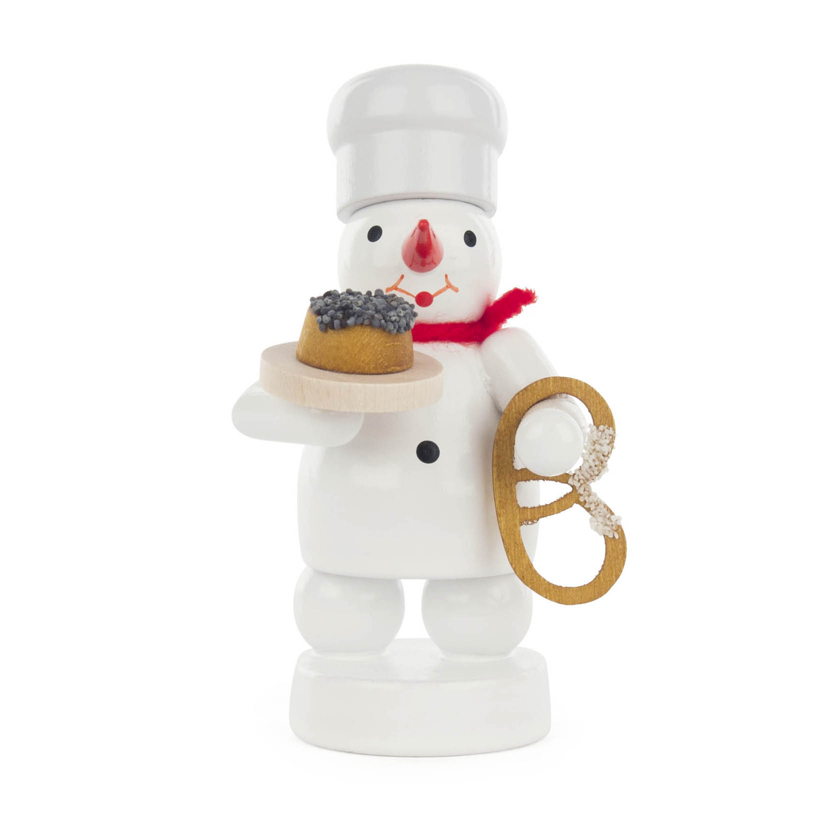 Figur eines Schneemanns als Bäcker, hält einen Kuchen auf einem Tablett und eine Brezel in der anderen Hand. im Dregeno Online Shop günstig kaufen