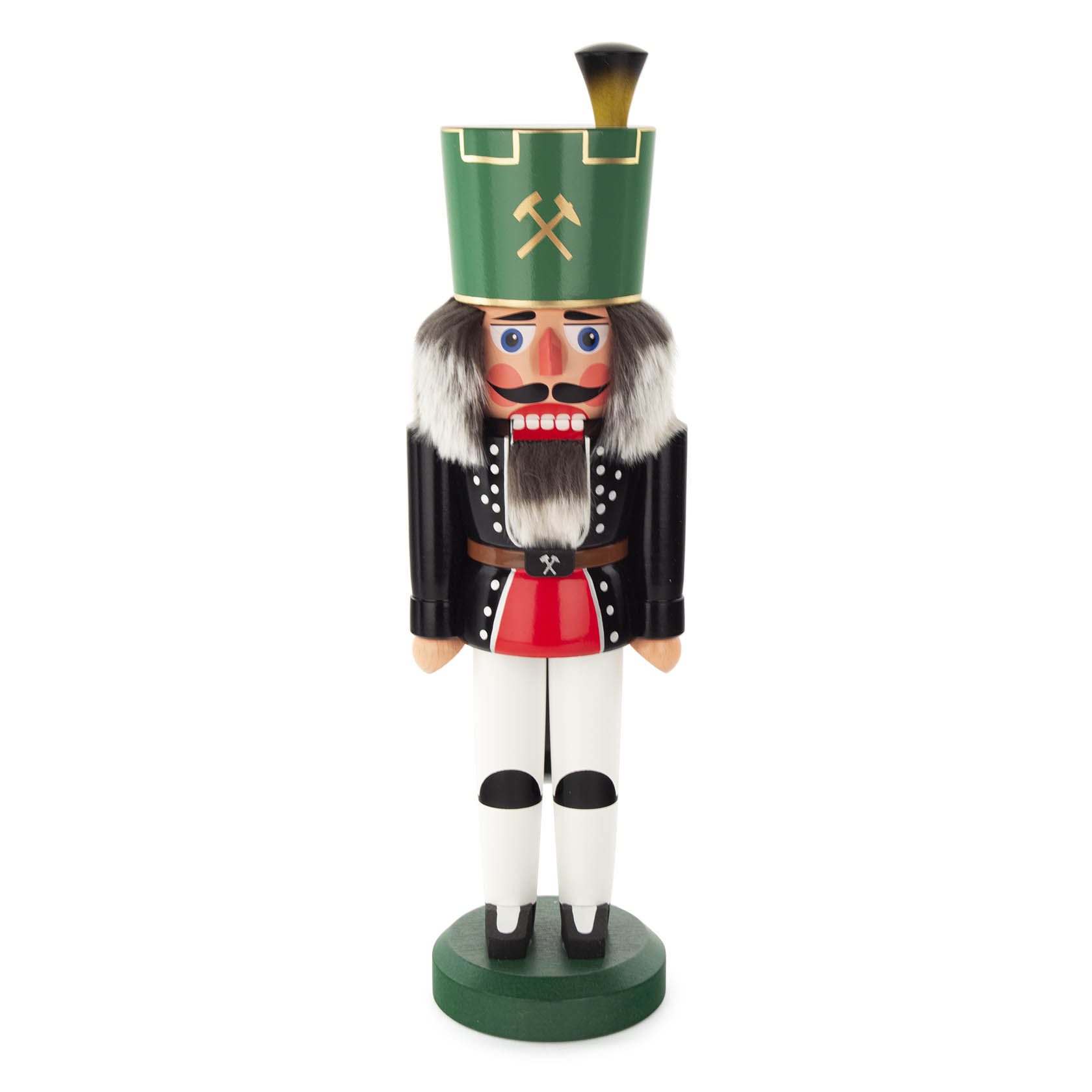 A 40 cm tall black-and-white miner nutcracker with a green hat, detailed beard, and traditional mining uniform. im Dregeno Online Shop günstig kaufen