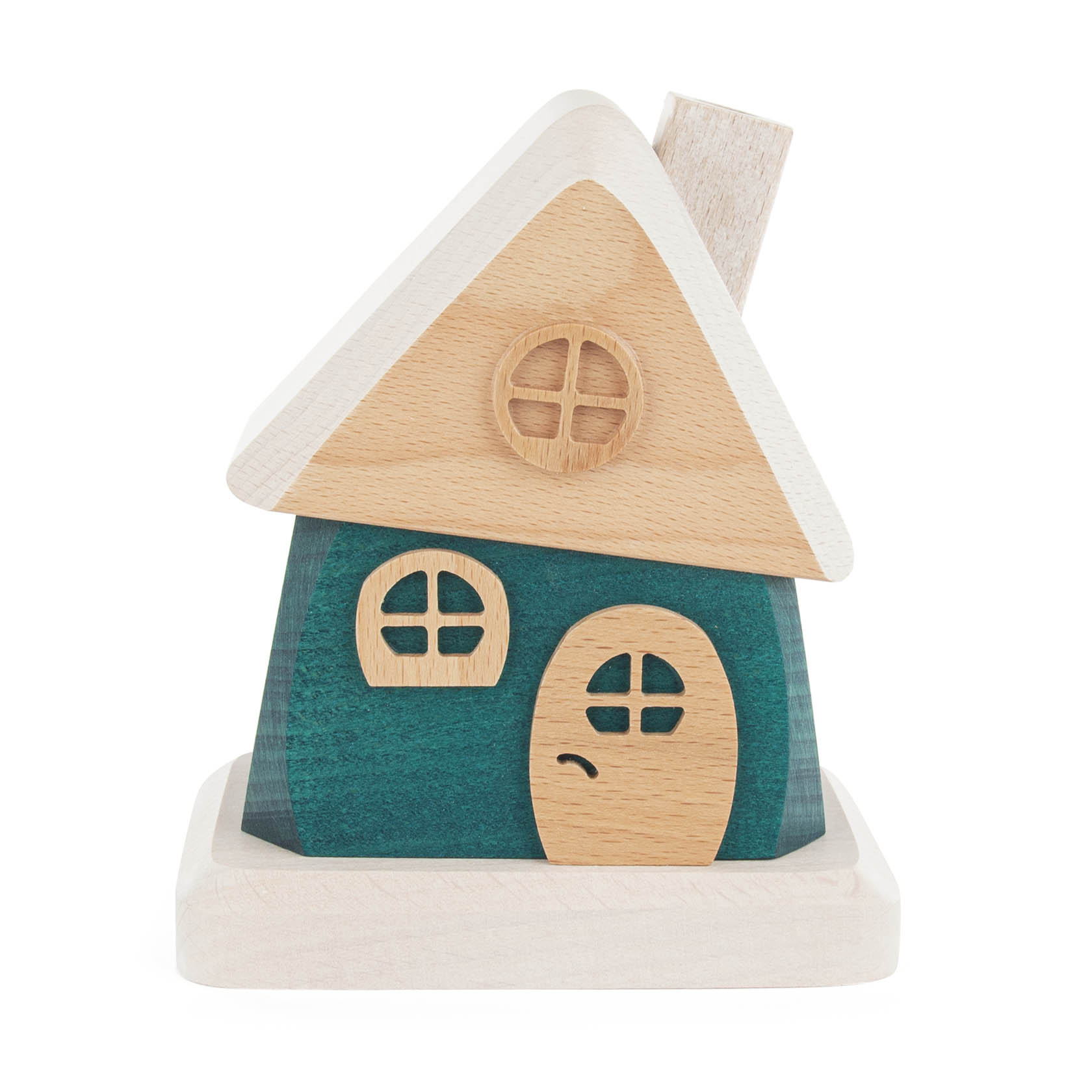 Großes, grünes Räucherhaus aus Holz mit cremefarbenem Dach und eingebautem Schornstein. Es hat eine runde Tür und zwei Fenster auf der Vorderseite. im Dregeno Online Shop günstig kaufen