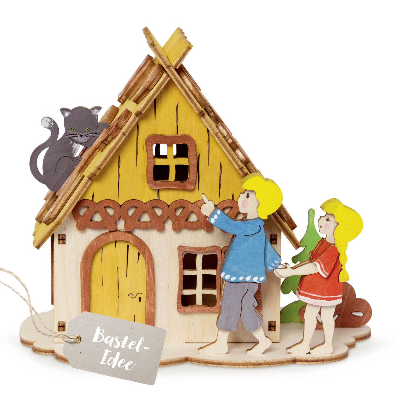 A wooden DIY piggy bank set featuring characters from Hansel and Gretel, including a colorful gingerbread house, Hansel, Gretel, and a cat on the roof. im Dregeno Online Shop günstig kaufen