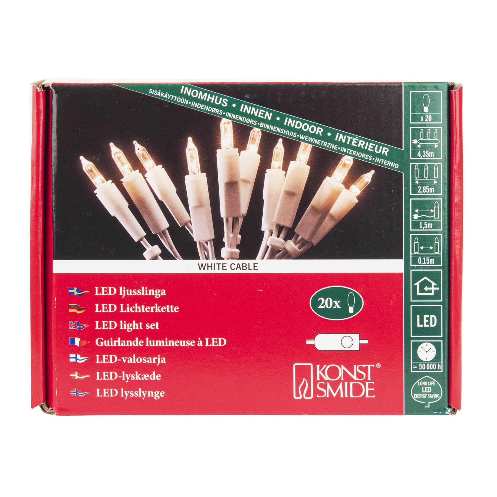 Verpackung einer 20-teiligen weißen LED Minilichterkette mit Schalter und technischen Details wie Kabellänge und Energieeffizienz. im Dregeno Online Shop günstig kaufen