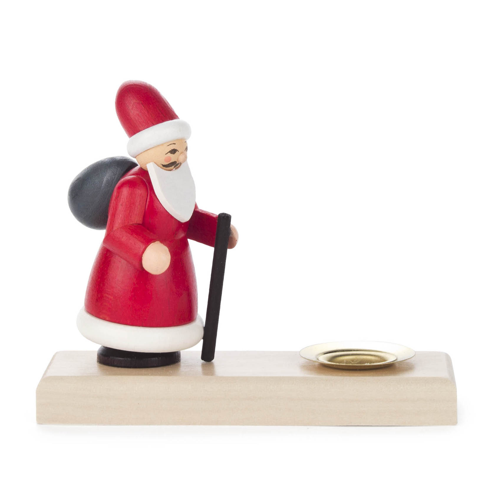 Ein farbiger Räuchermann in Form von Ruprecht steht auf einem Holzsockel mit einem schwarzen Stock und einem Platz für eine 14mm Kerze. im Dregeno Online Shop günstig kaufen