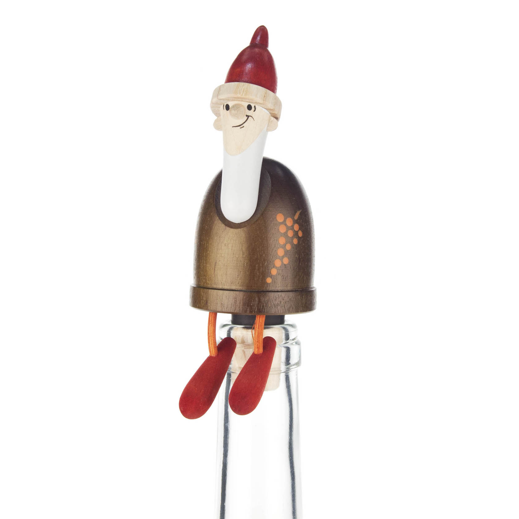 Eine Figur eines lächelnden Flaschengeists mit roter Mütze und roten Füßen sitzt auf einer Flasche. Der Körper ist rund und dunkelgrün gebeizt. im Dregeno Online Shop günstig kaufen