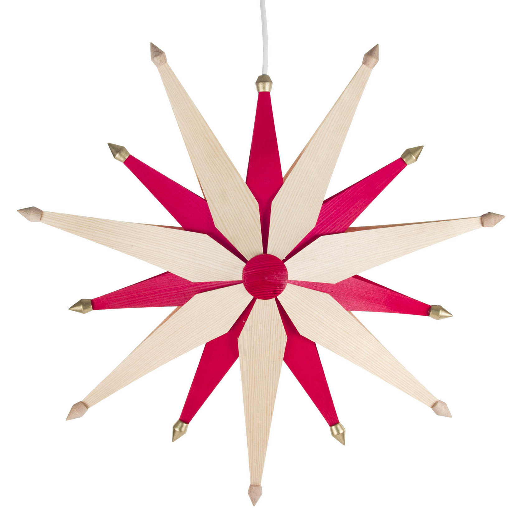 Ein doppelter Weihnachtsstern in den Farben Natur und Rot mit elektrischer Beleuchtung, bestehend aus spitz zulaufenden Holzstreben. im Dregeno Online Shop günstig kaufen