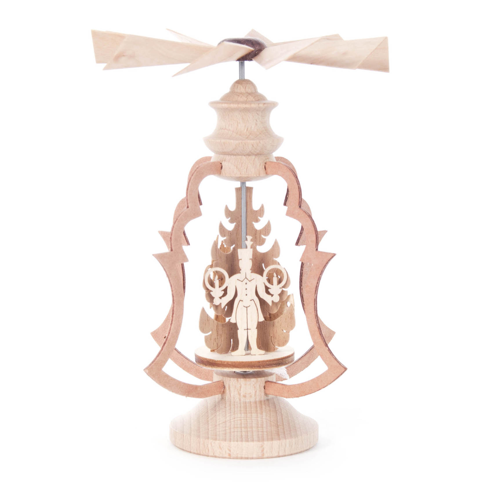 Holzpyramide mit einem Bergmann in der Mitte, der zwei Lichter hält. Die Pyramide hat ein Flügelrad oben und ist von einem filigranen Holzrahmen umgeben. im Dregeno Online Shop günstig kaufen