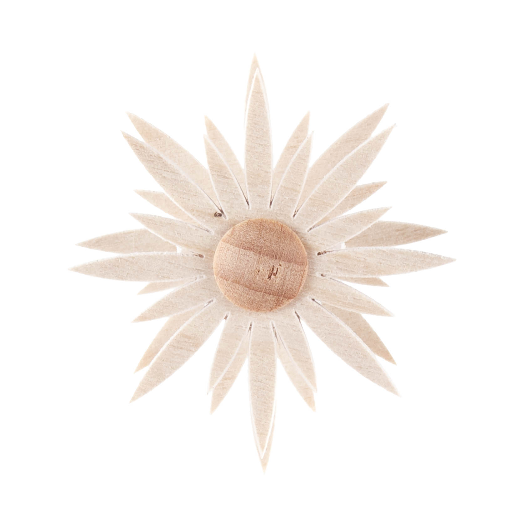 Kleiner zweidimensionaler Aufsteckstern mit einem Durchmesser von 4 cm aus Holz, bestehend aus mehreren spitz zulaufenden Blättern und einem runden Zentrum. im Dregeno Online Shop günstig kaufen