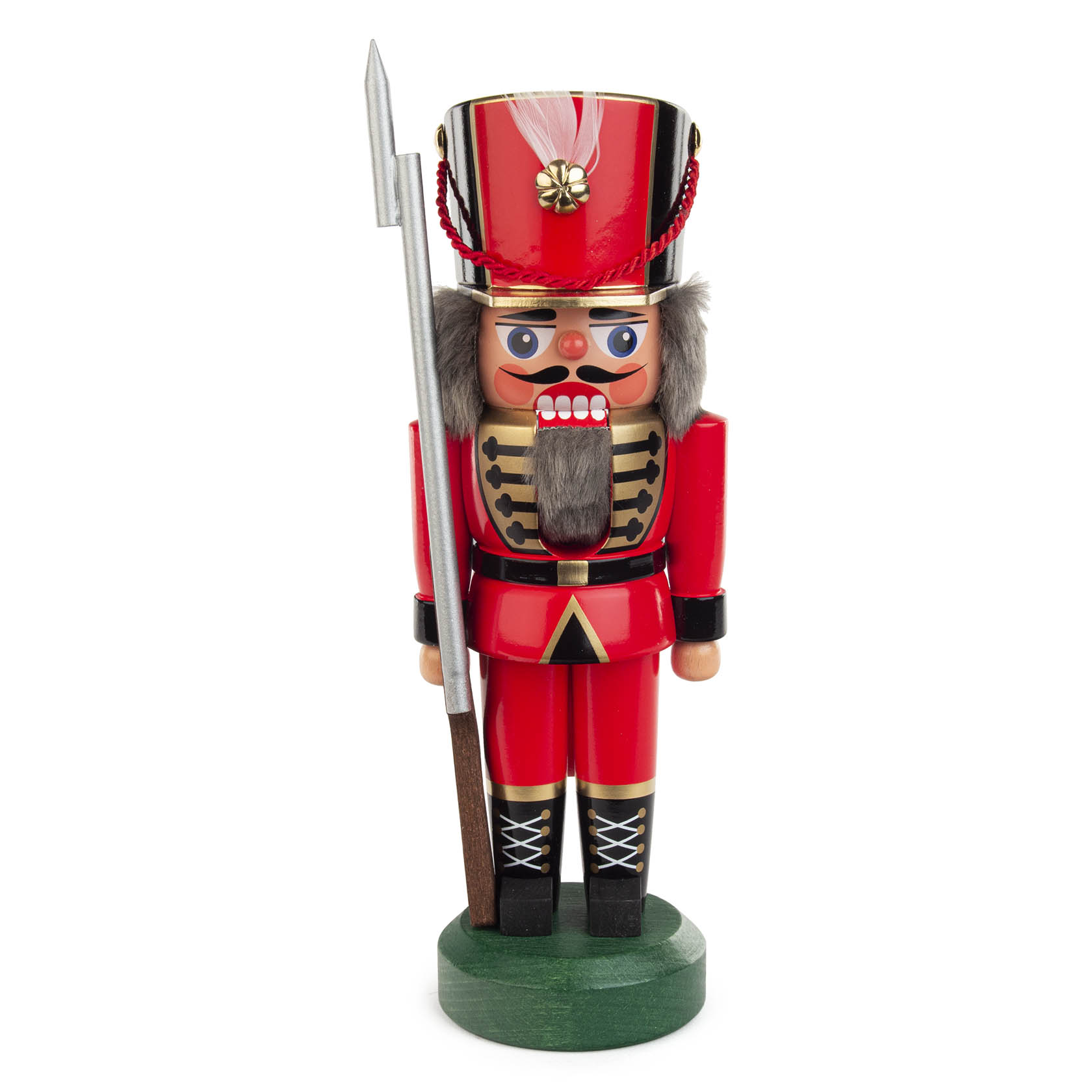 Roter Nussknacker Soldat aus Holz, 22 cm groß, mit Schnauzbart und Pickelhaube, hält eine Lanze in der Hand. im Dregeno Online Shop günstig kaufen