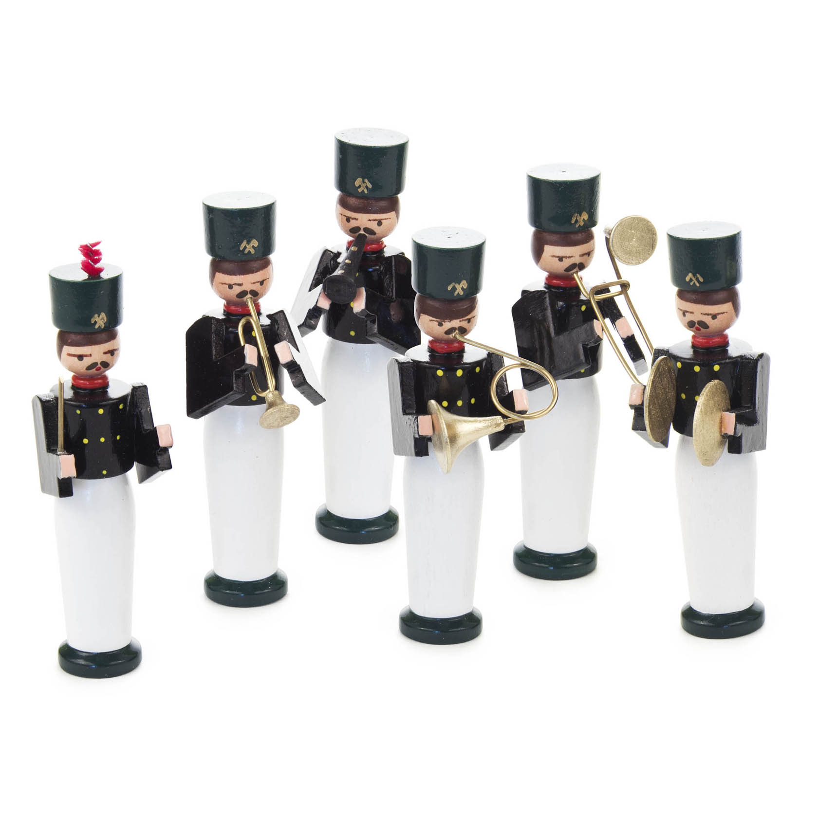 Sechs traditionelle Figuren in Bergmannsuniform spielen Musikinstrumente: Trompete, Posaune, Horn, Tuba; in typischer schwarzer Kleidung mit weißer Hose. im Dregeno Online Shop günstig kaufen