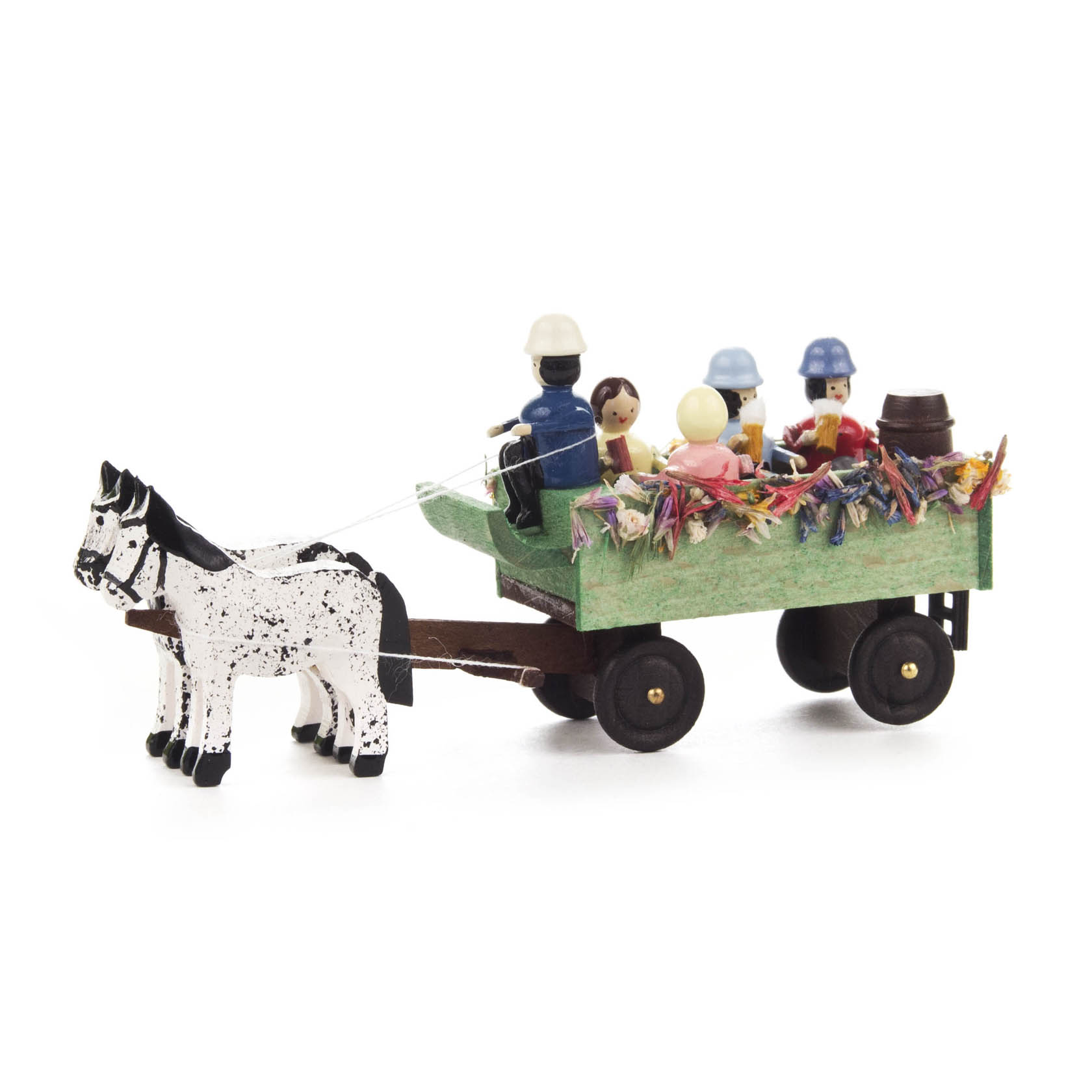 Miniatur-Kremserwagen mit zwei weißen, schwarzen Pferden und vier Figuren auf dem Wagen. im Dregeno Online Shop günstig kaufen