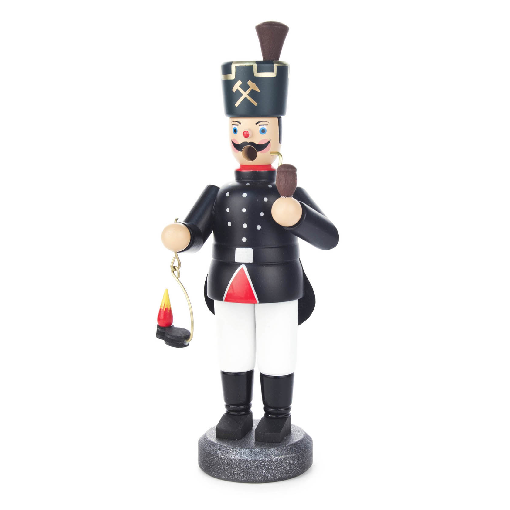 Ein traditioneller Räuchermann in Form eines Bergmanns mit schwarzer Uniform, weißer Hose und schwarzem Hut. Er hält eine Grubenlampe und eine Pfeife. im Dregeno Online Shop günstig kaufen