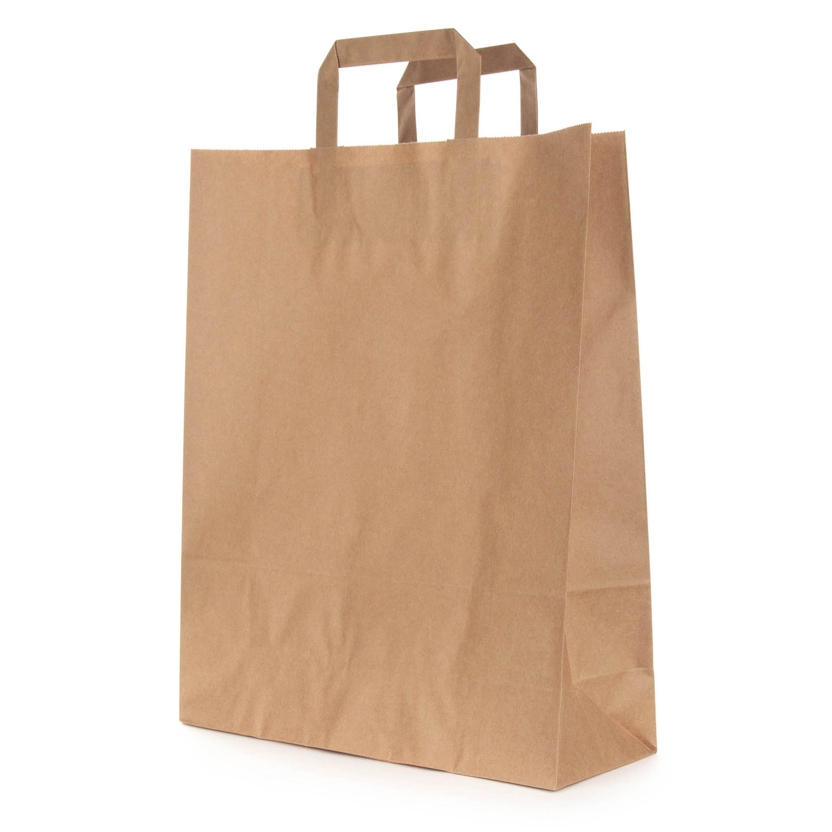 Braune Papiertragetasche mit den Maßen 32x12x40 cm und einem Gewicht von 80 Gramm, stehend mit zwei Tragegriffen sichtbar. im Dregeno Online Shop günstig kaufen