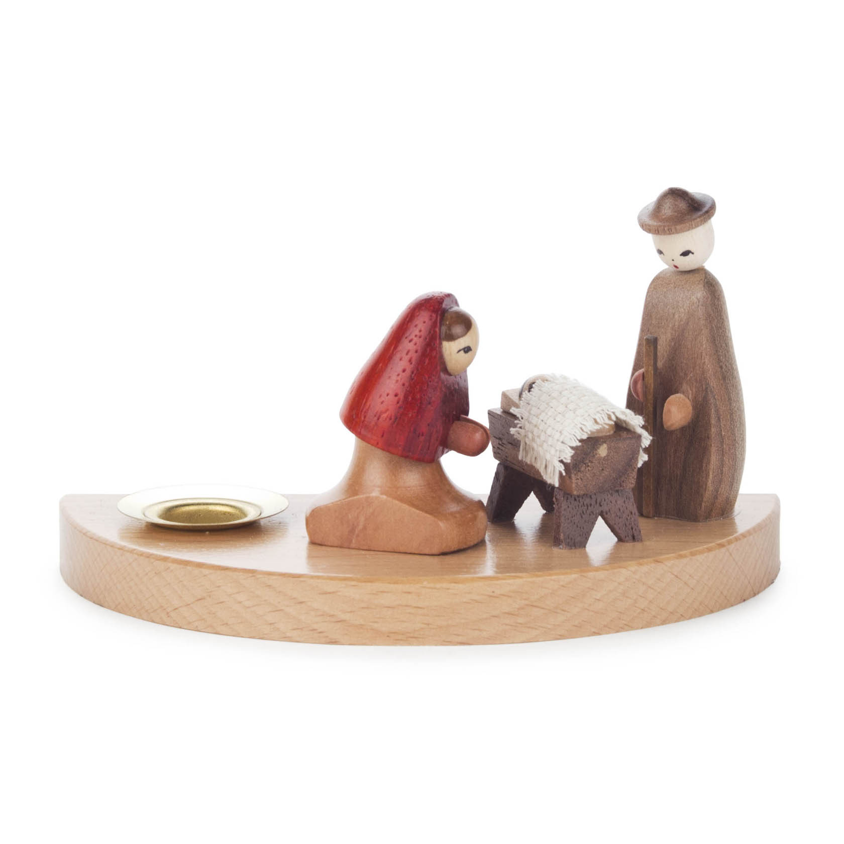 Holz-Kerzenhalter mit Weihnachtskrippe: Maria kniet, Josef steht; daneben eine Kerze mit 14 mm Durchmesser. im Dregeno Online Shop günstig kaufen