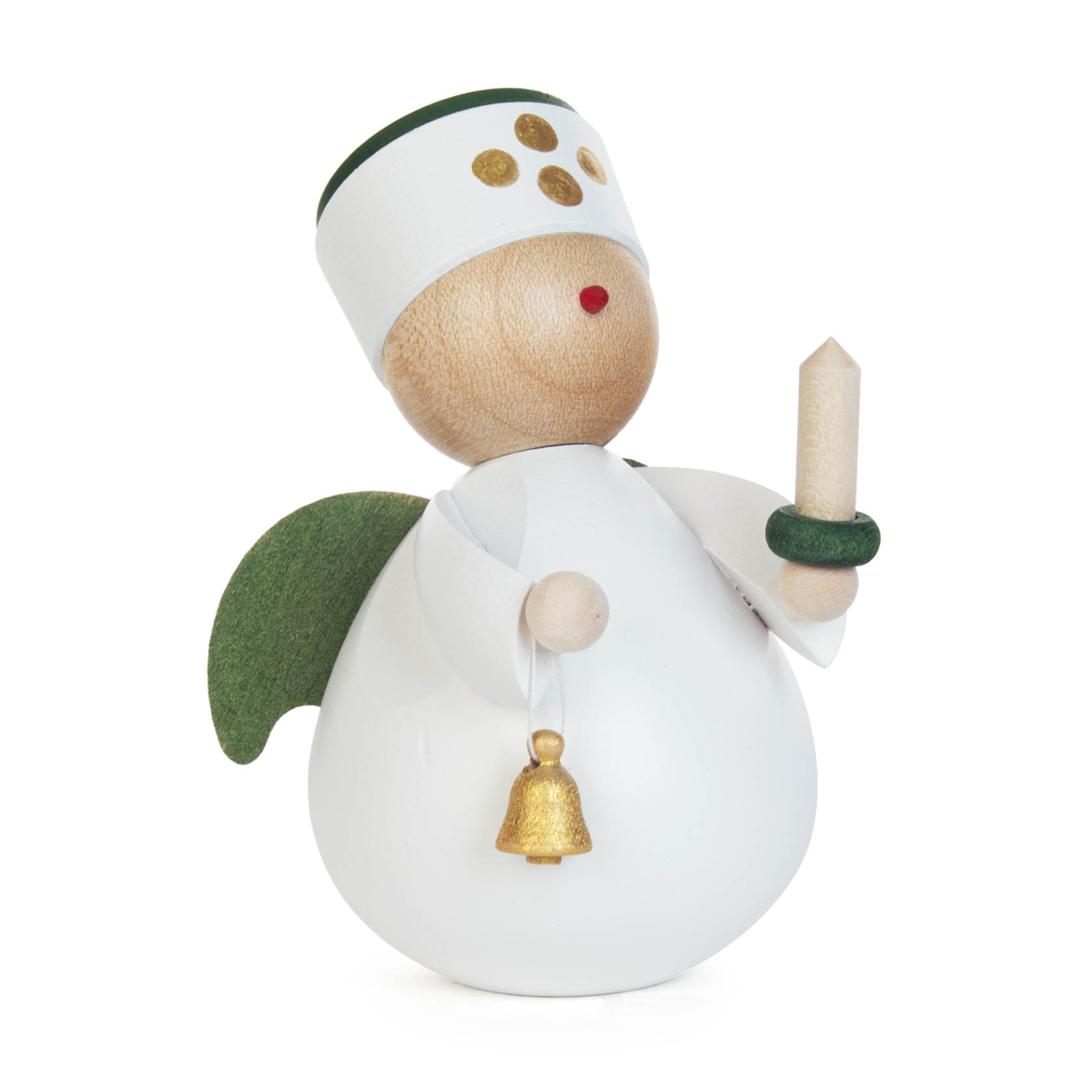 Holzfigur eines Engels mit grünem Flügel, goldenem Hut und Glocke. Der Engel hält eine Kerze in der anderen Hand und trägt einen roten Mund. im Dregeno Online Shop günstig kaufen