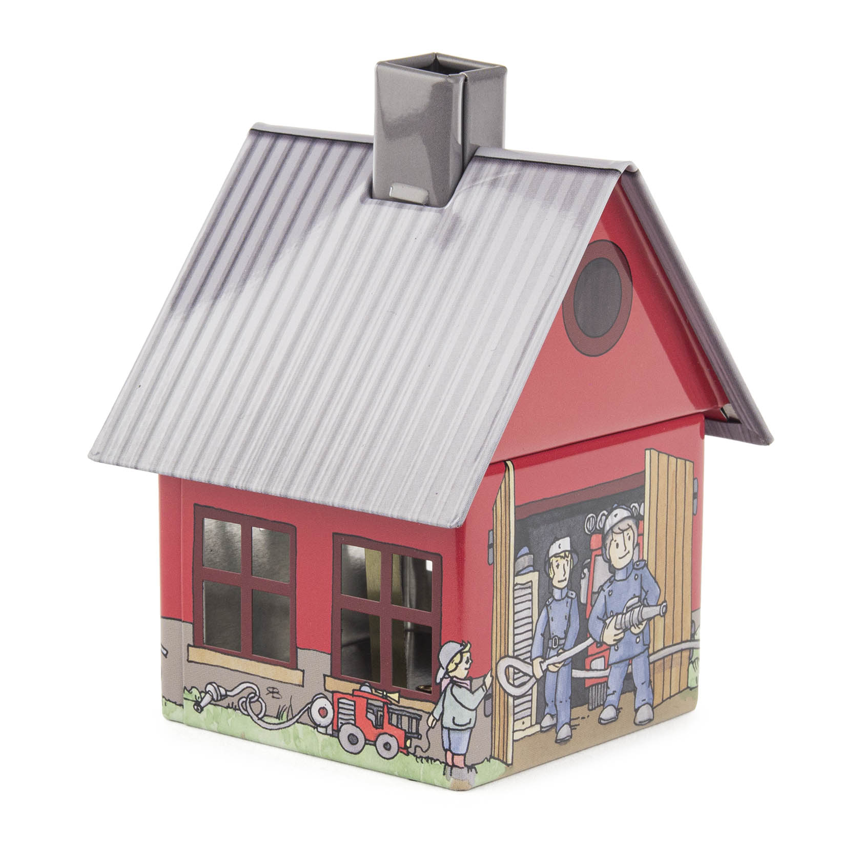 Ein rotes Räucherhaus aus Metall in Form einer Feuerwehrstation mit gemalten Feuerwehrmännern und einem Feuerwehrwagen.