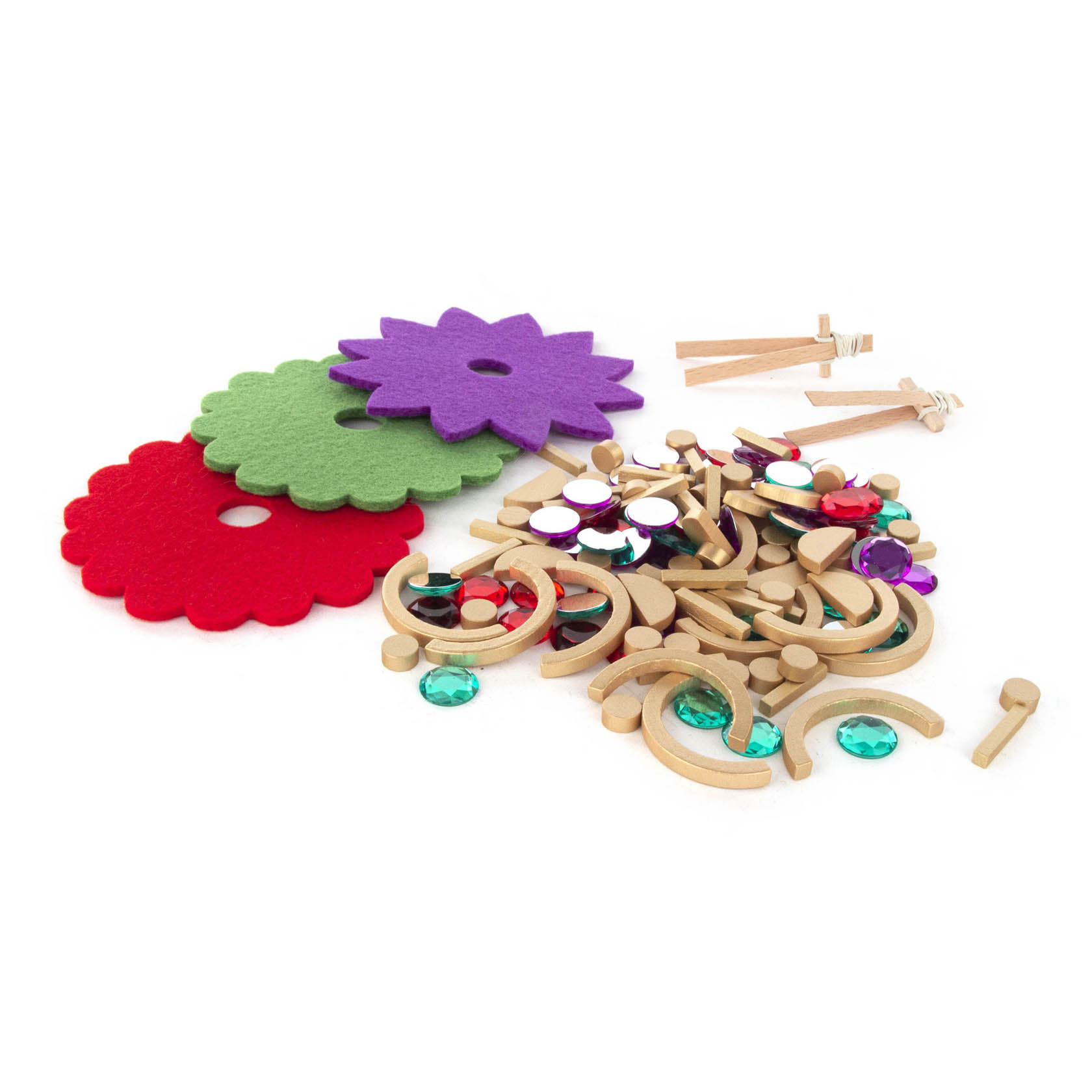 A colorful craft set for making jewelry and mandalas, including felt shapes, jewels, and wooden pieces.