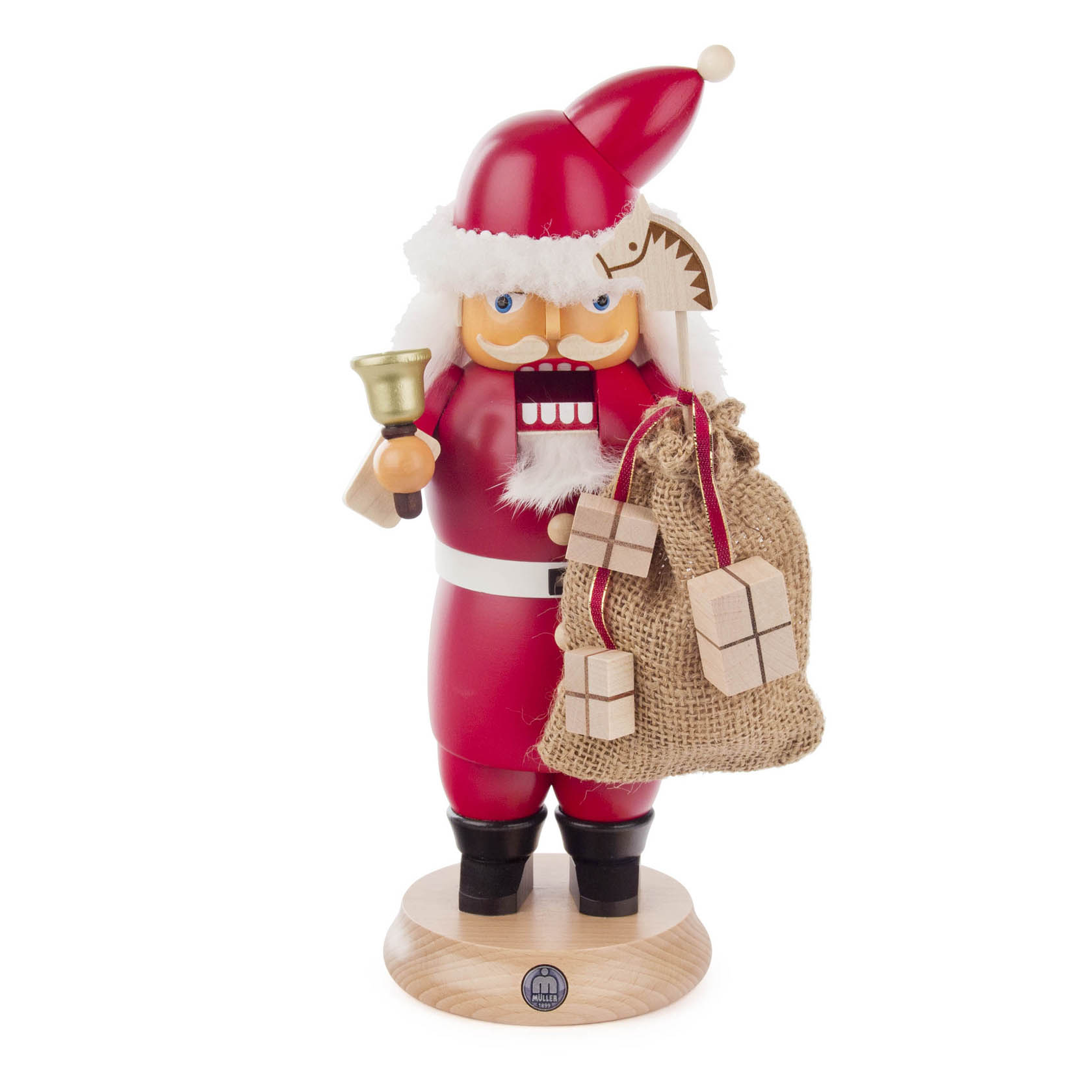 Ein rauchender Nussknacker in Form eines Weihnachtsmannes, 27cm groß, mit roter Mütze und Mantel, in der linken Hand eine Glocke haltend und mit einem Sack voller Geschenke. im Dregeno Online Shop günstig kaufen