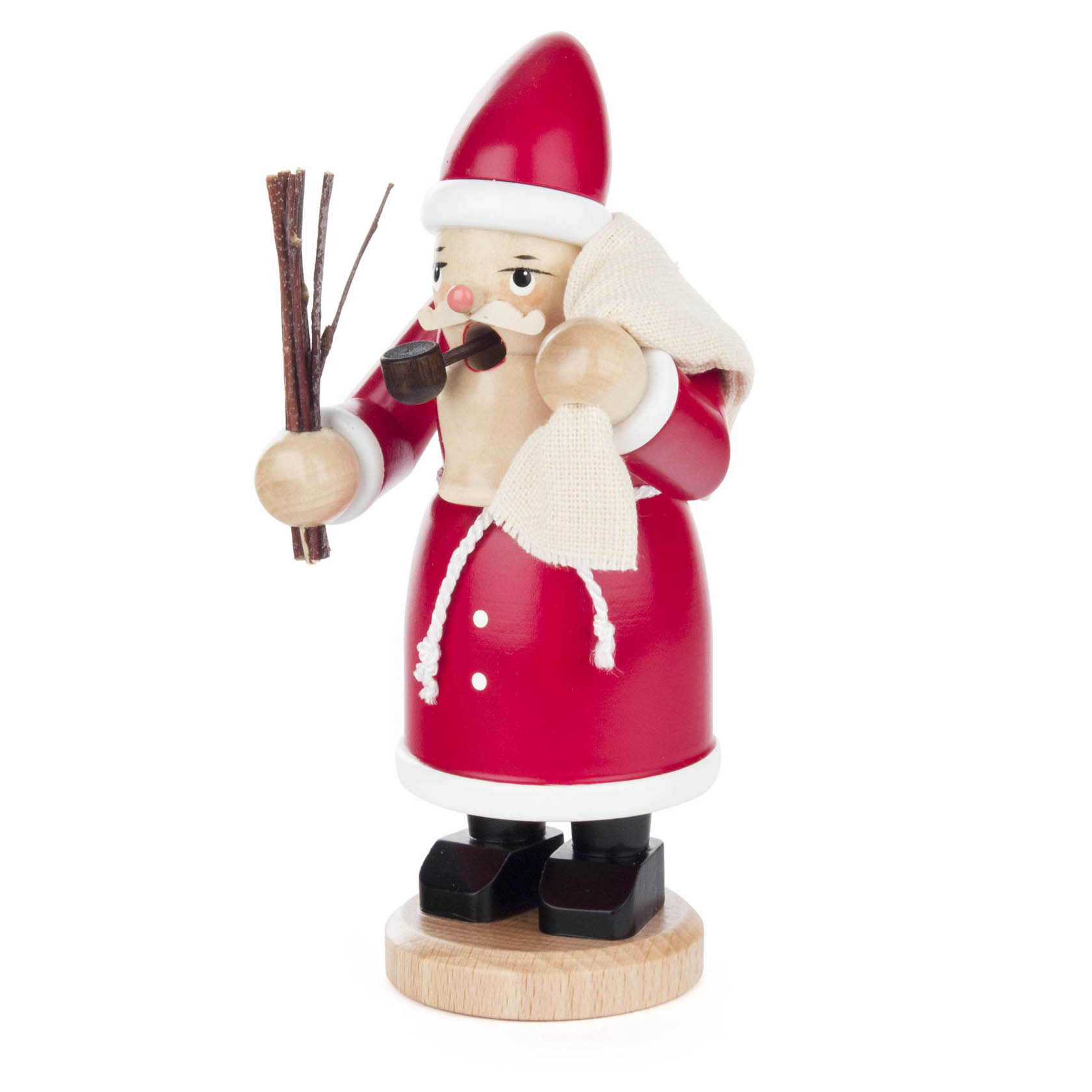 Ein Mini-Räuchermann in Form eines Weihnachtsmanns, hält Pfeife und Besen, in rotem Anzug mit weißem Kordelzug und schwarzem Stiefel.