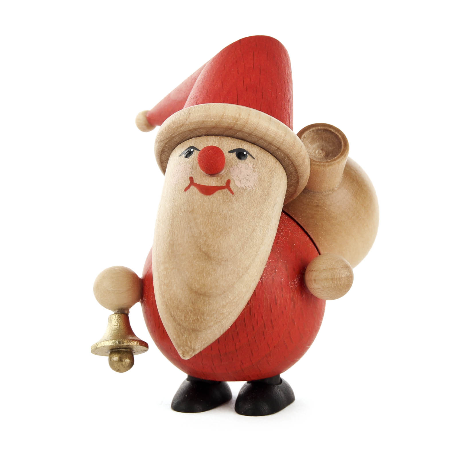 Holzfigur eines lächelnden Weihnachtsmanns in rotem Anzug, der eine kleine goldene Glocke in der rechten Hand hält und einen hölzernen Sack auf dem Rücken trägt. im Dregeno Online Shop günstig kaufen