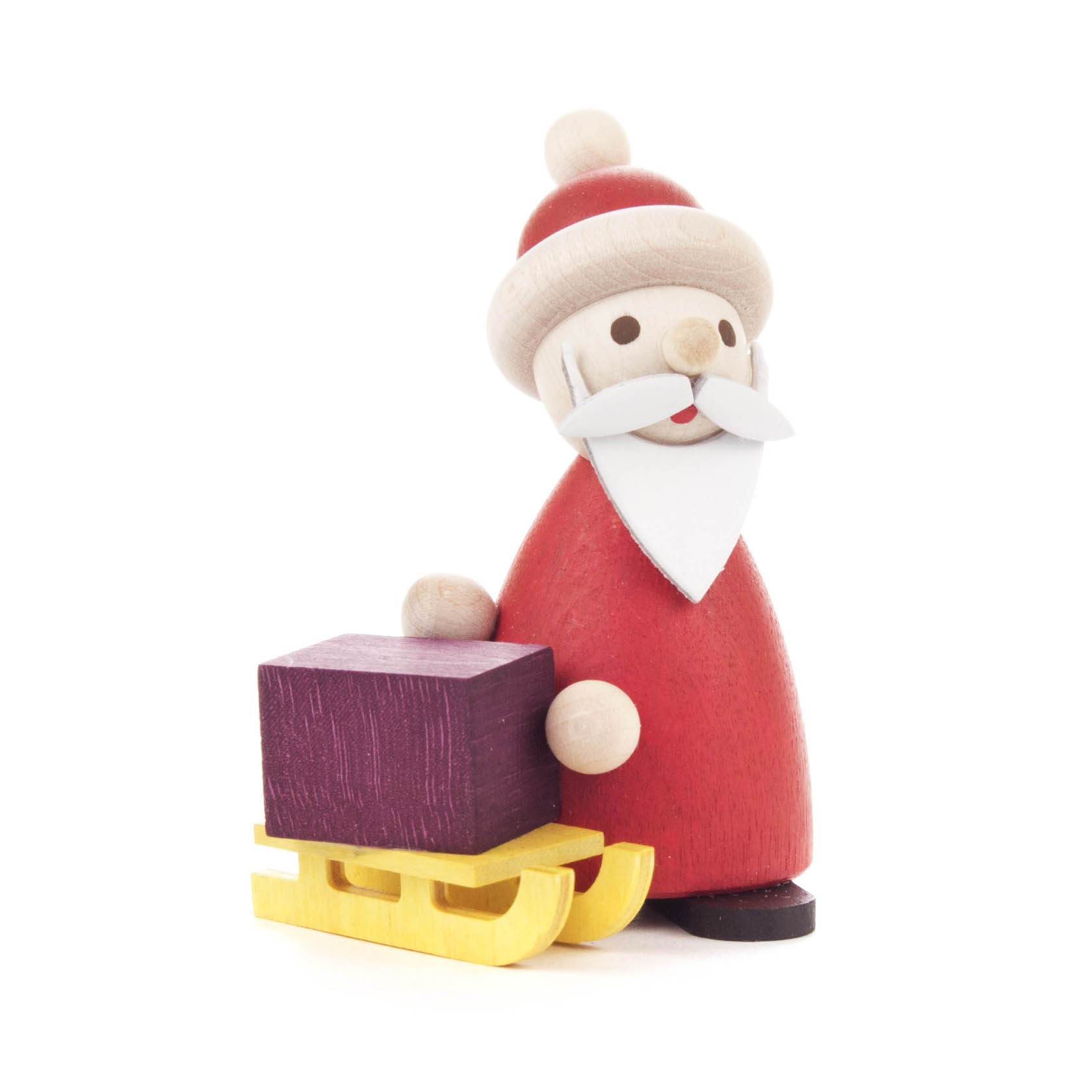 Holzfigur von Ruprecht in rotem Gewand mit einem kleinen lila Geschenk auf einem gelben Schlitten. im Dregeno Online Shop günstig kaufen