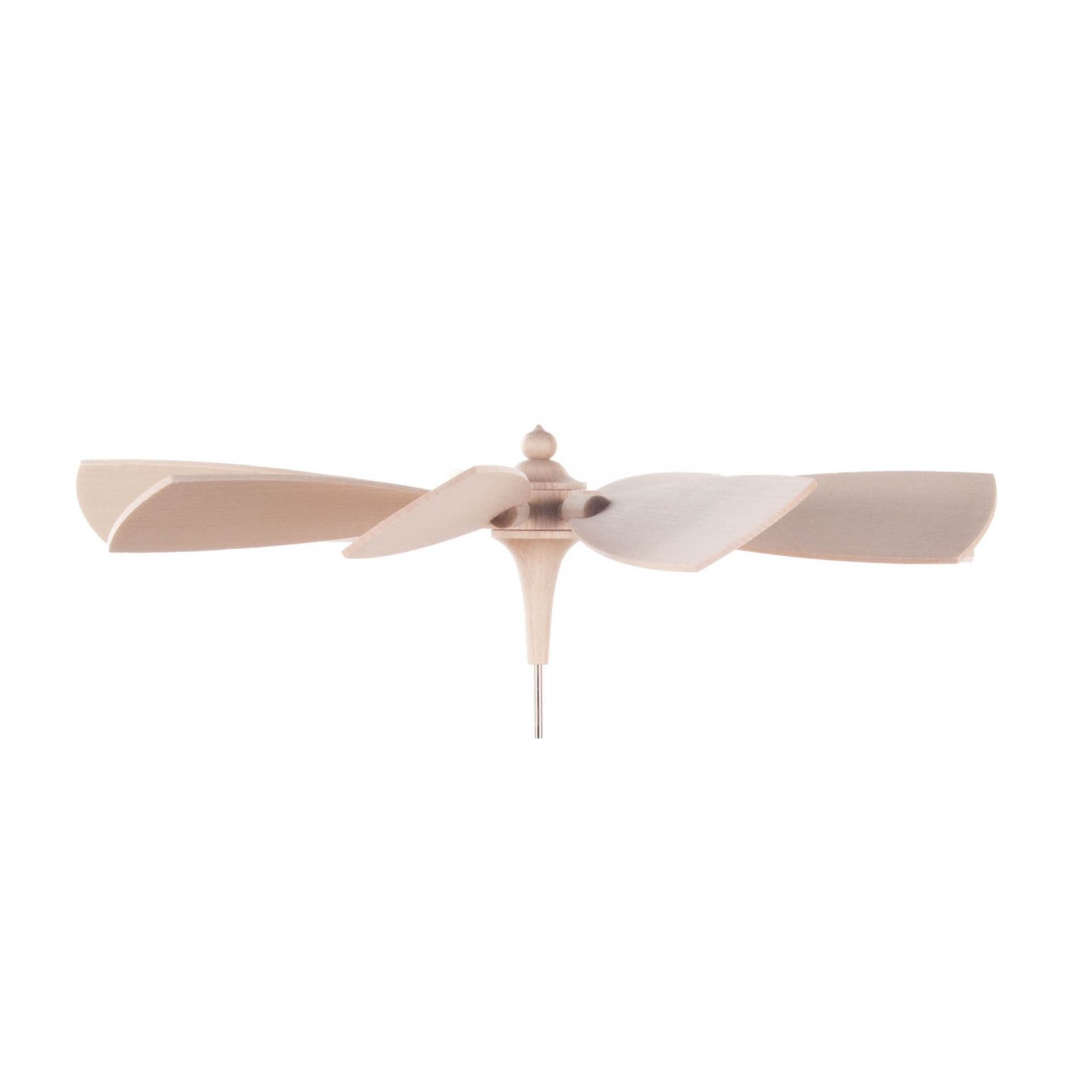 Holz-Flügelrad mit fünf aerodynamisch geformten Blättern, die an einem zentralen Holzstab befestigt sind.