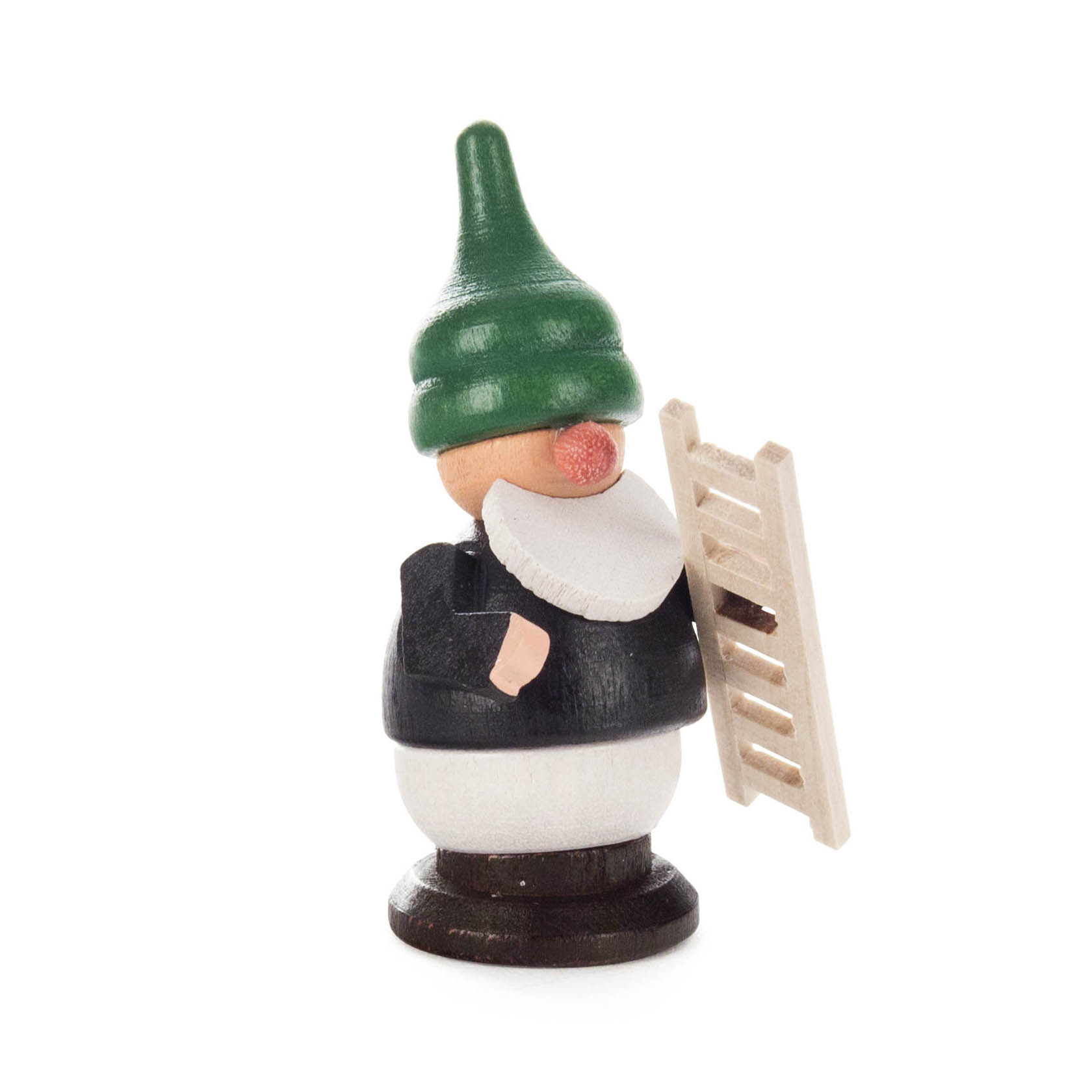 Holzfigur eines Bergwerkszwergs mit grünem Hut, weißem Bart und schwarzem Oberteil, der eine kleine Holzleiter hält. im Dregeno Online Shop günstig kaufen