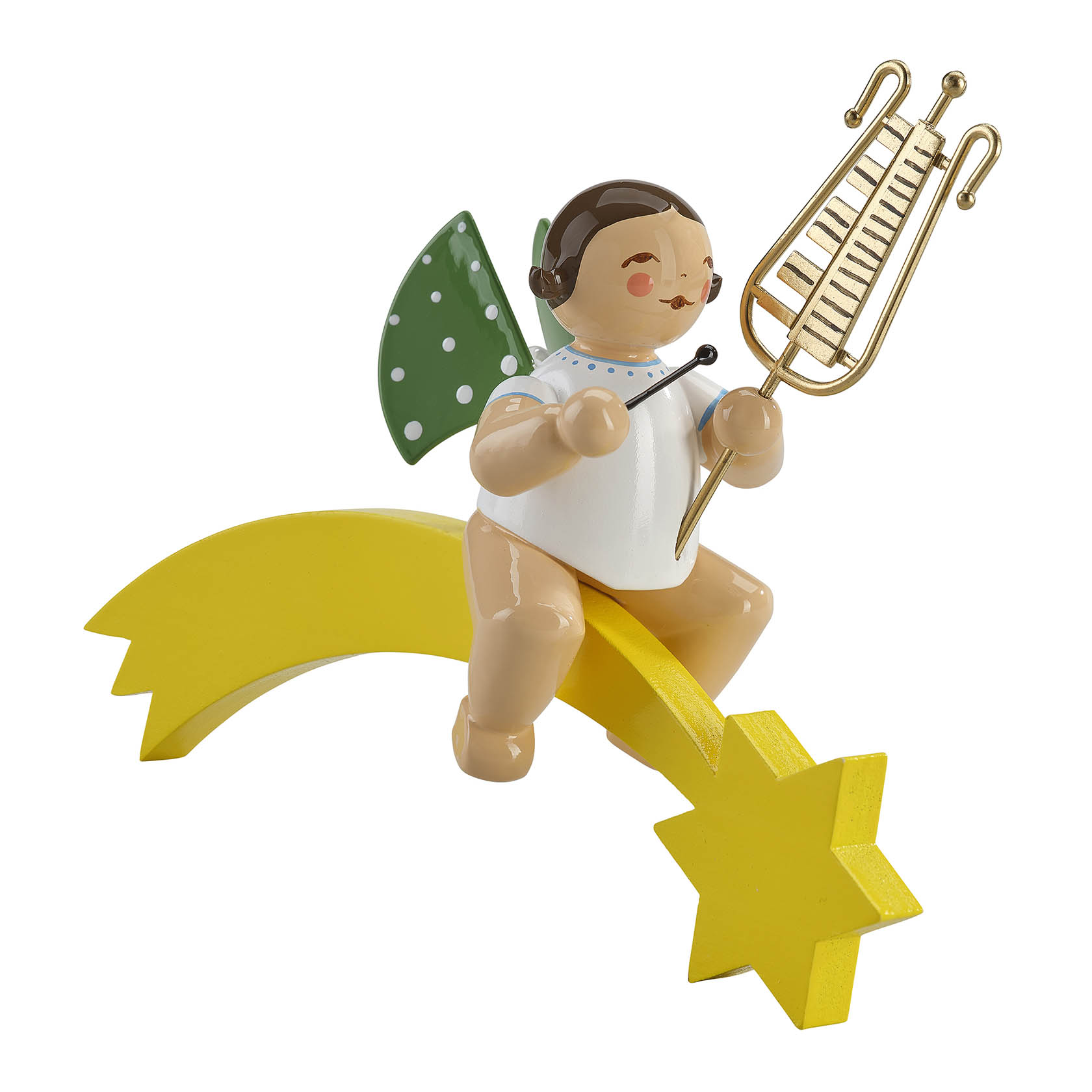 Figur eines Engels mit grün gepunkteten Flügeln, das auf einem gelben Kometen sitzt und ein goldfarbenes Glockenspiel spielt. im Dregeno Online Shop günstig kaufen