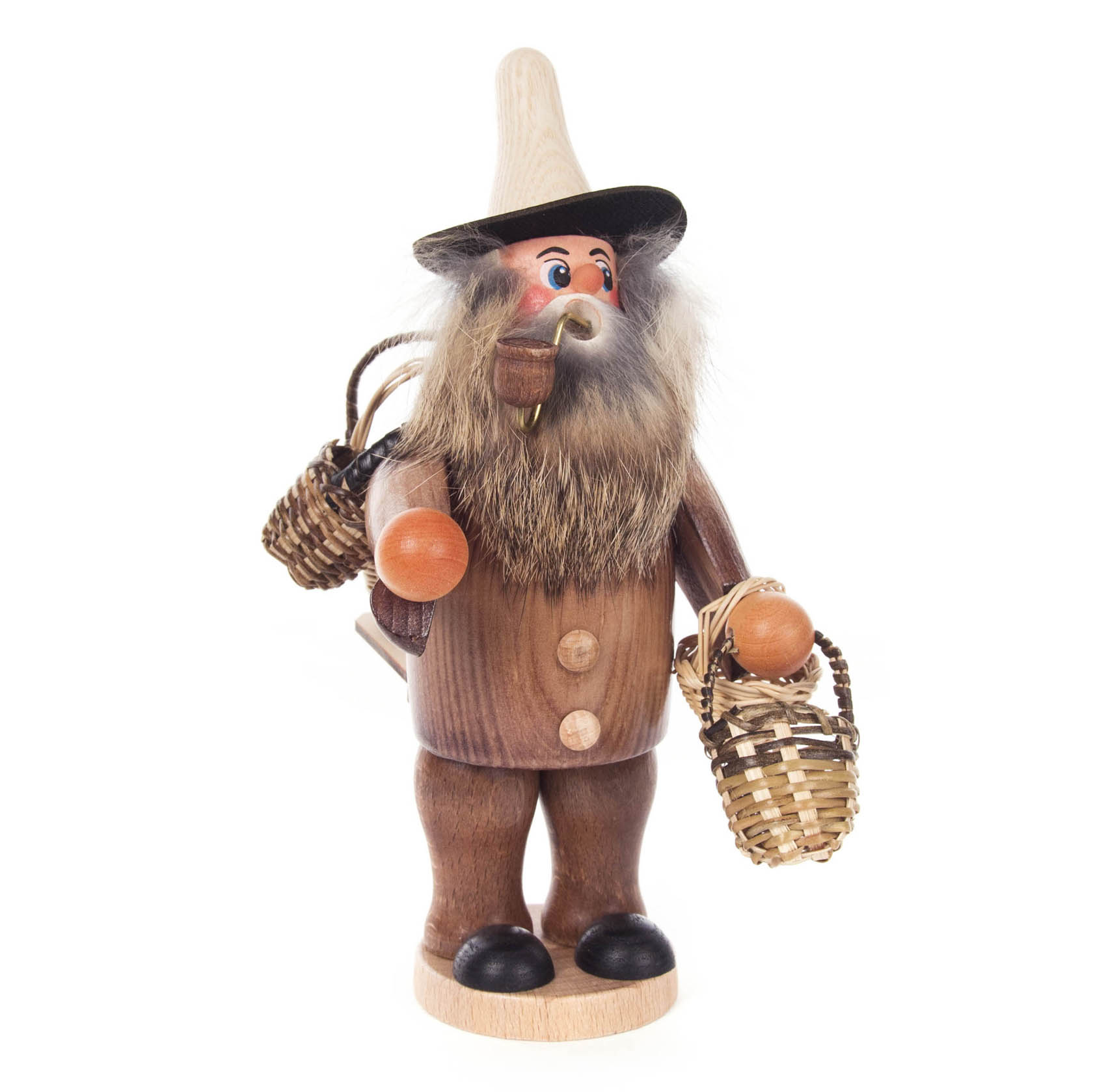 Ein hölzerner Räuchermann in Form eines Korbhändlers mit Bart und Pfeife, trägt einen Korb in der einen Hand und hat einen weiteren Korb auf dem Rücken. im Dregeno Online Shop günstig kaufen