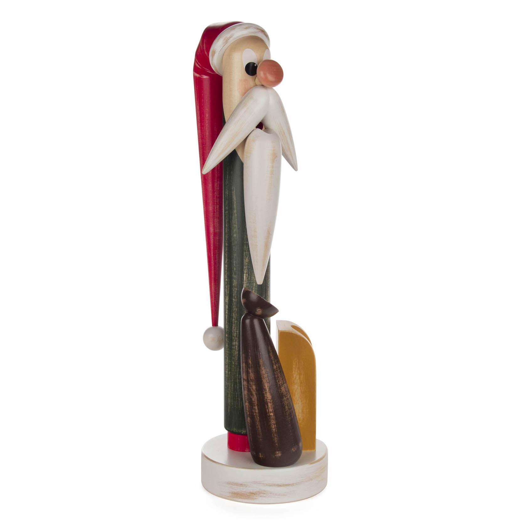 Holzfigur eines Weihnachtswichtels im Shabby Chic Stil mit roter Mütze, langem Bart und einem kleinen Hund oder Tier an seiner Seite auf einem runden Sockel. im Dregeno Online Shop günstig kaufen