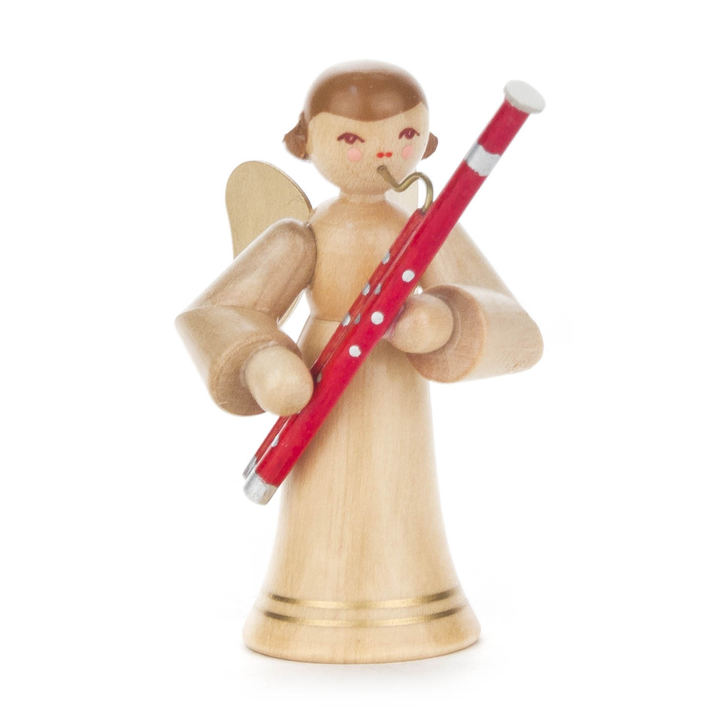 Wooden angel figurine holding a red bassoon. The angel has brown hair, a long natural-colored dress, and gold wings. im Dregeno Online Shop günstig kaufen