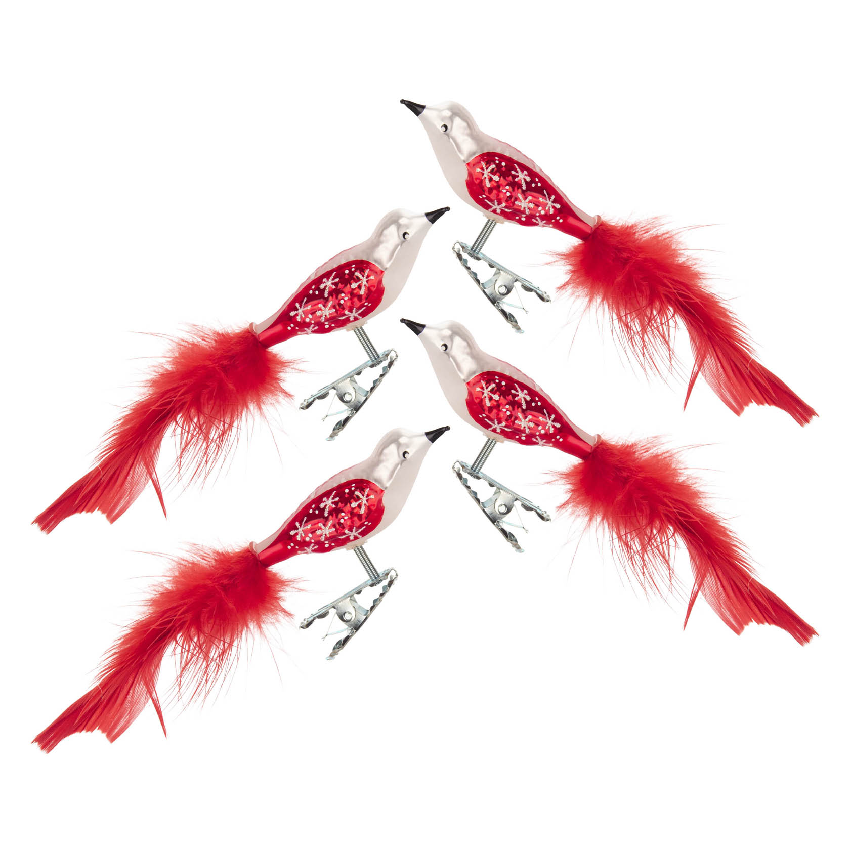 Four miniature white-red bird Christmas ornaments with stars and red feathers, each attached to metal clips. im Dregeno Online Shop günstig kaufen