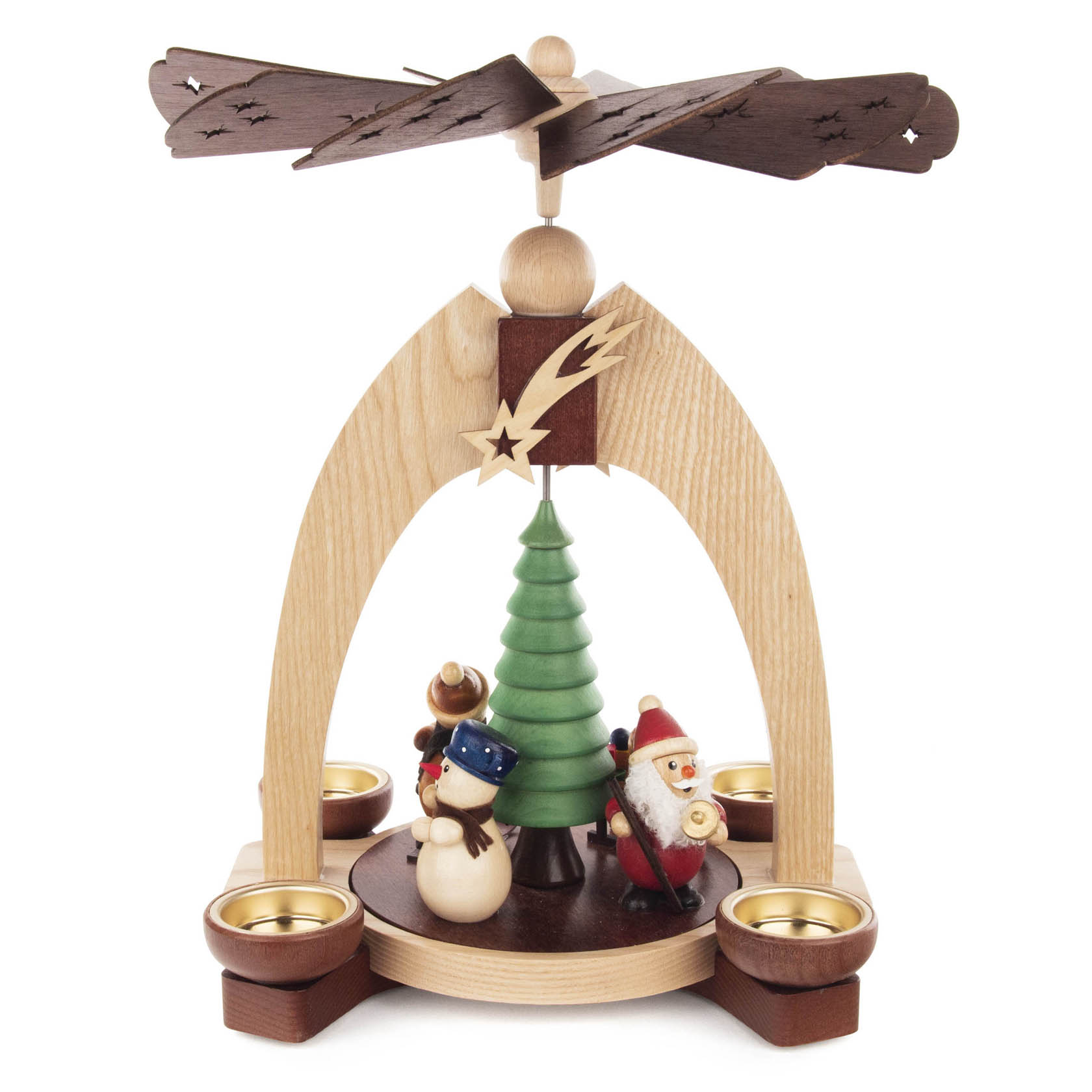 Holzpyramide für Teelichter mit Weihnachtsmann, Schneemann und Weihnachtsbaum. Dreht sich durch Kerzenwärme und trägt einen Stern auf der Spitze. im Dregeno Online Shop günstig kaufen