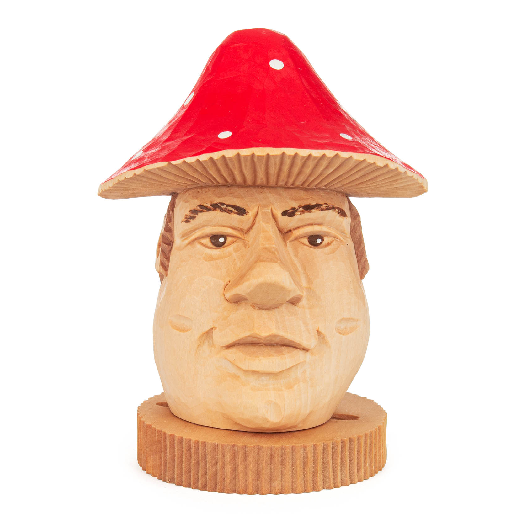 Geschnitzter Räucherpilz in Form eines Fliegenpilzes mit einem Gesicht, roten Hut mit weißen Punkten, auf einem kleinen Holzsockel. im Dregeno Online Shop günstig kaufen
