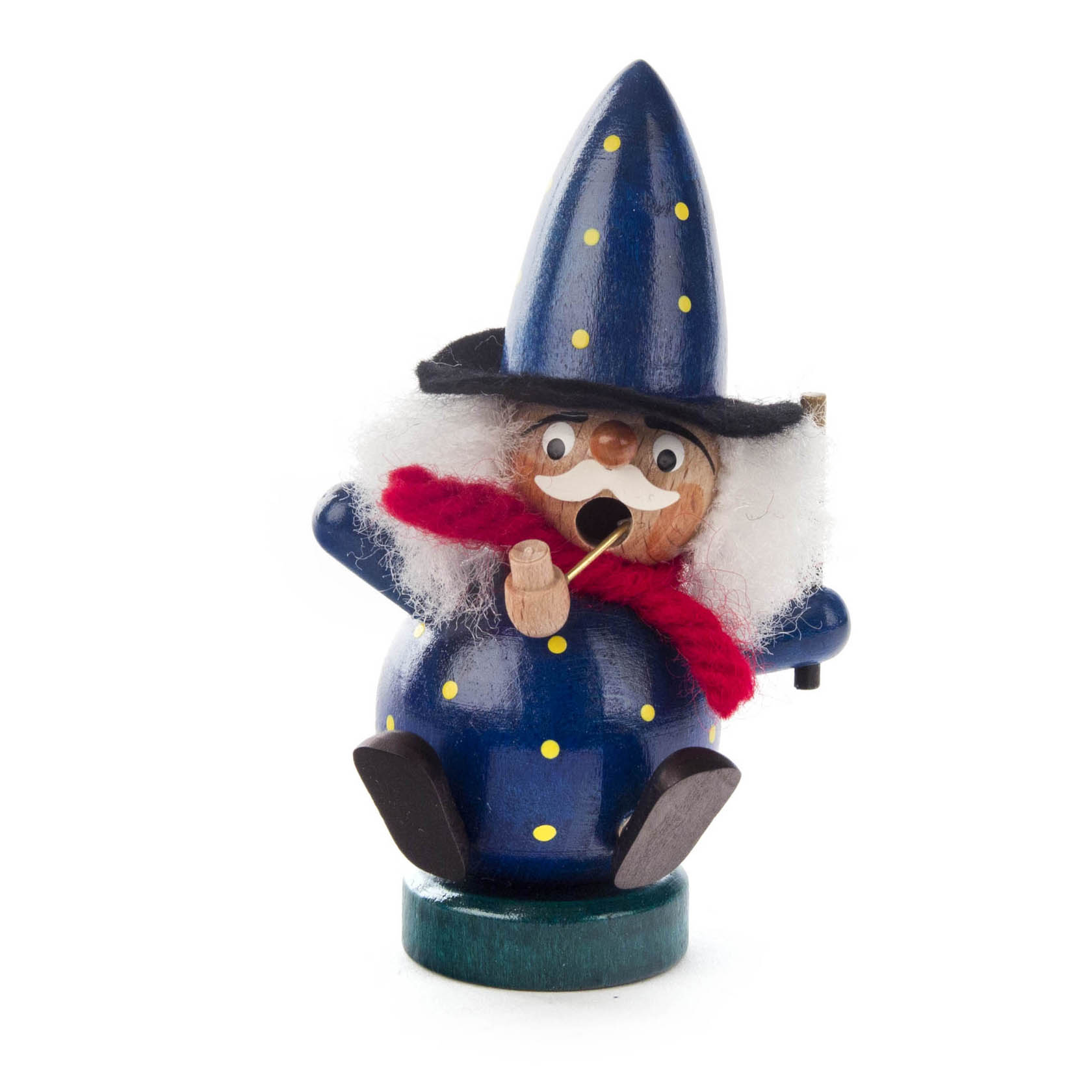 Holzfigur eines kugeligen Räuchermanns im Zaubererkostüm mit blauem, punktiertem Hut und Umhang, weißem Bart und rotem Schal, pfeifenrauchend im Dregeno Online Shop günstig kaufen
