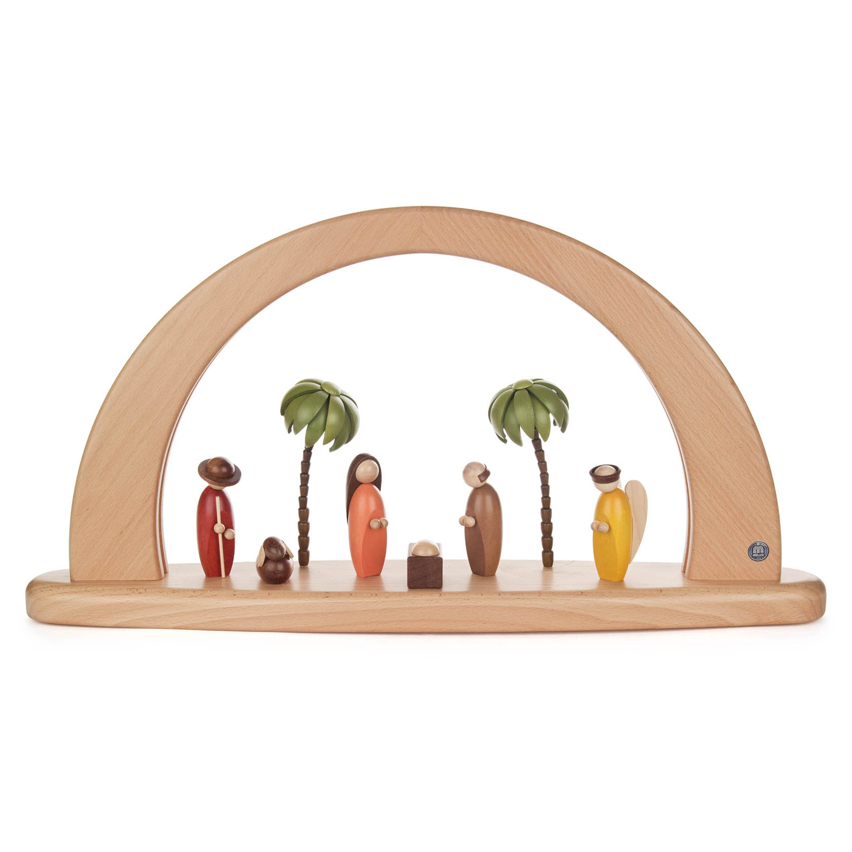 Wooden nativity arch with colorful figures, including Mary, Joseph, baby Jesus, and two palm trees, all under an LED-lit wooden arch. im Dregeno Online Shop günstig kaufen