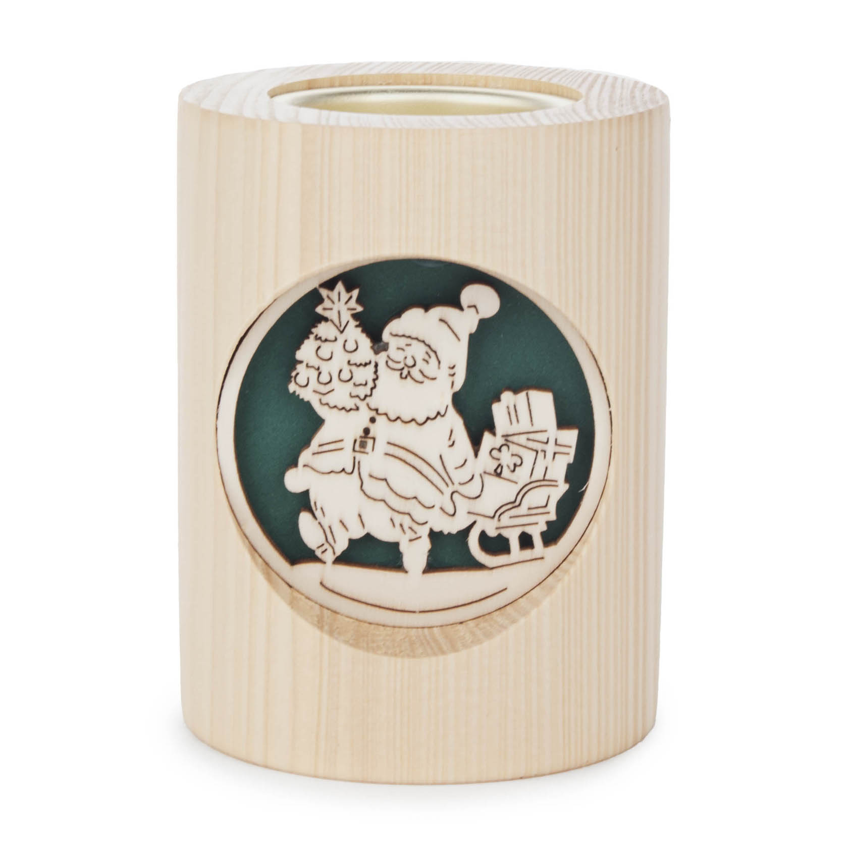 Holz-Teelichthalter mit geschnitztem Motiv: Weihnachtsmann, Tannenbaum und Schlitten mit Geschenken. im Dregeno Online Shop günstig kaufen