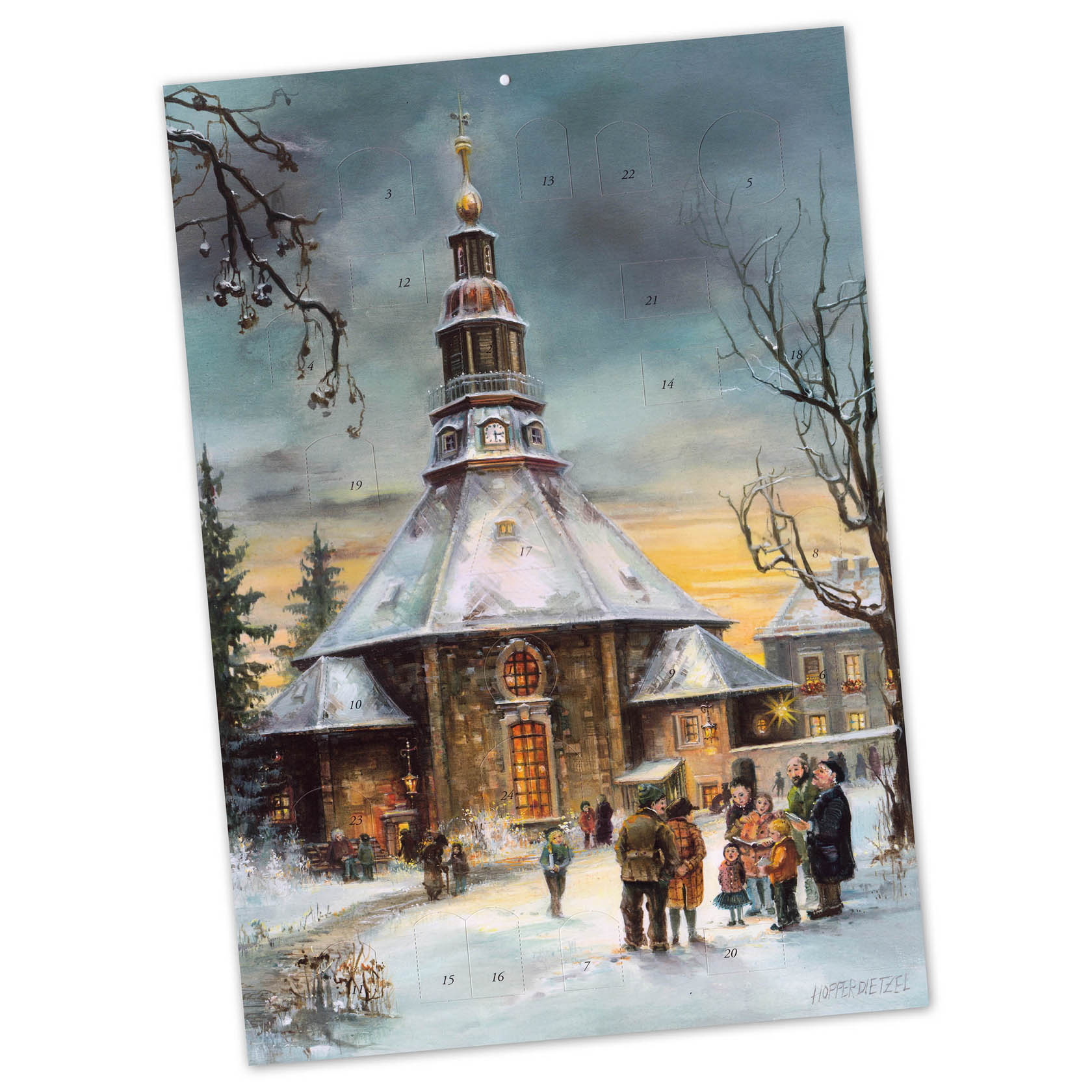 A snow-covered church with a pointed roof is depicted, surrounded by leafless trees. In the foreground, people are gathering, dressed in winter clothing. im Dregeno Online Shop günstig kaufen