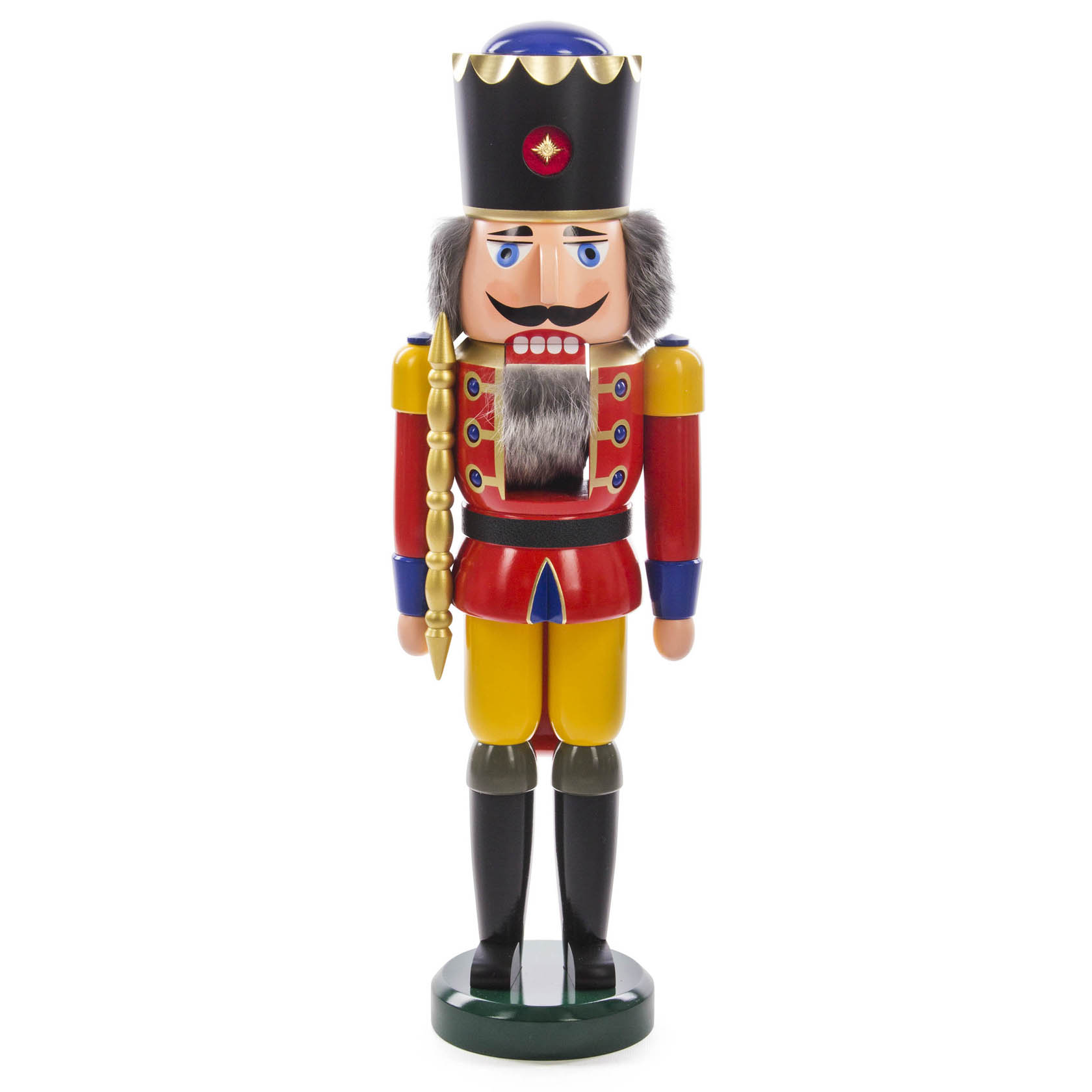 Ein 60cm großer Nussknacker in königlichem Outfit, mit rotem Jackett, gelber Hose, schwarzem Hut und goldenem Zepter. im Dregeno Online Shop günstig kaufen