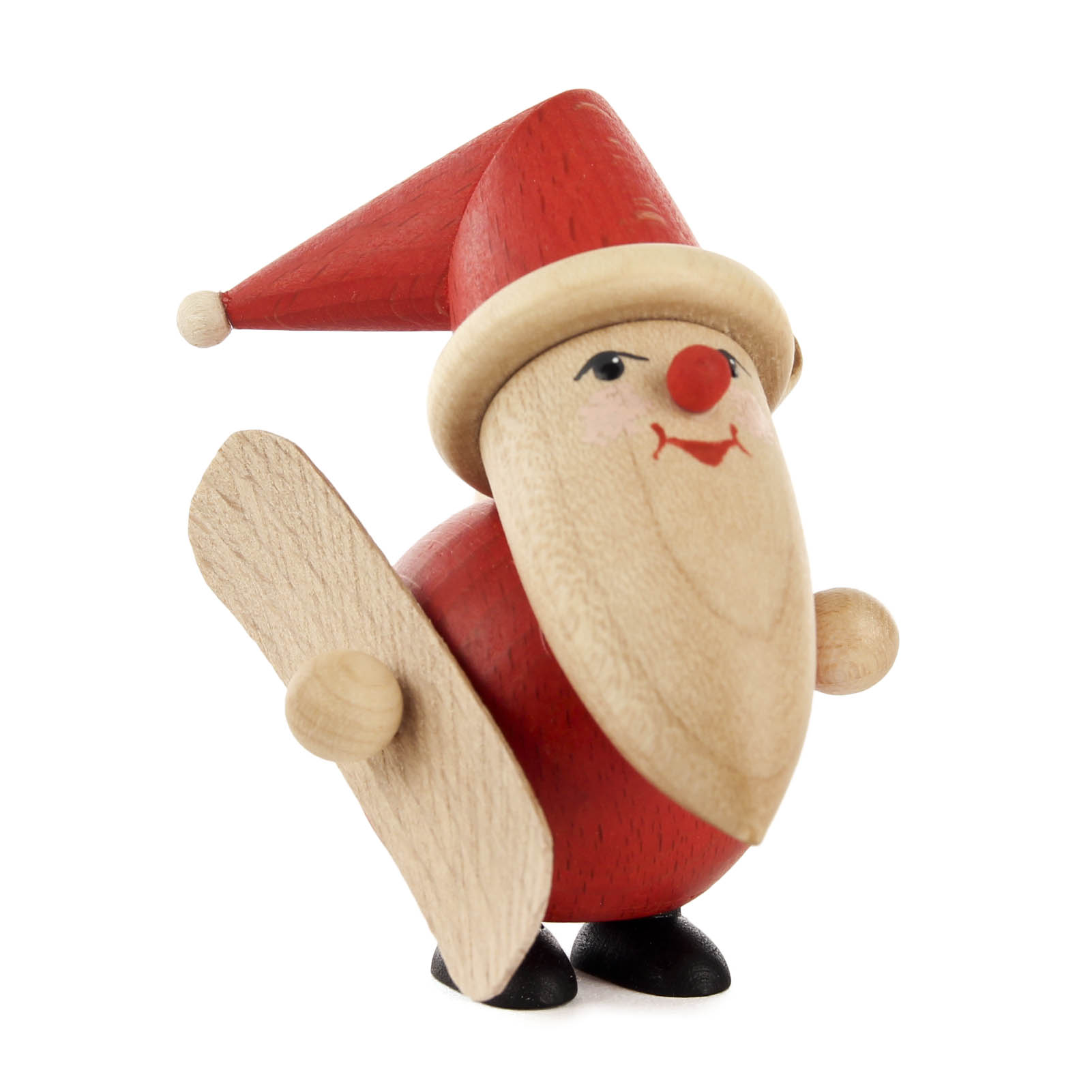Holzfigur des Weihnachtsmanns mit rotem Hut, roter Jacke und einem Snowboard in der rechten Hand. im Dregeno Online Shop günstig kaufen
