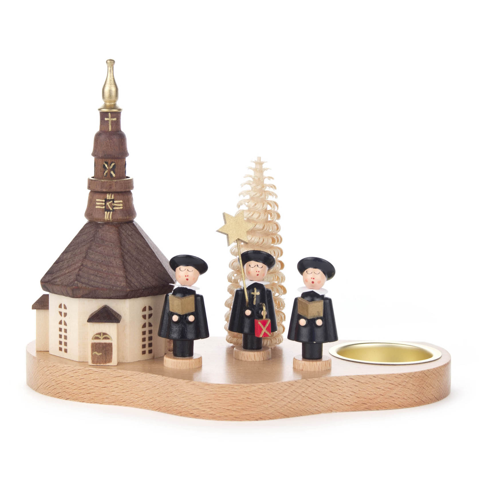 Teelichthalter mit einer miniaturisierten Seiffener Kirche und drei Kurrendesängern. Die Sänger tragen Uniformen, zwei mit Liedbüchern und einer mit einem Stern. im Dregeno Online Shop günstig kaufen