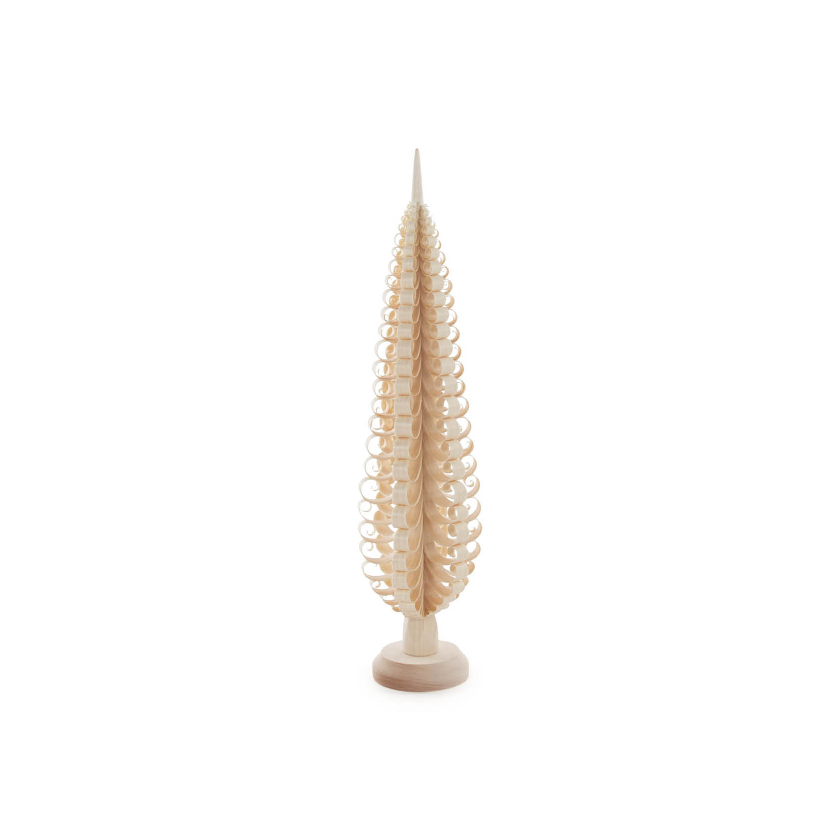 Ein 30 cm hoher, natürlicher Spanbaum aus Holz mit feinen, spiralförmigen Spänen, die in aufsteigenden Reihen symmetrisch angeordnet sind. im Dregeno Online Shop günstig kaufen