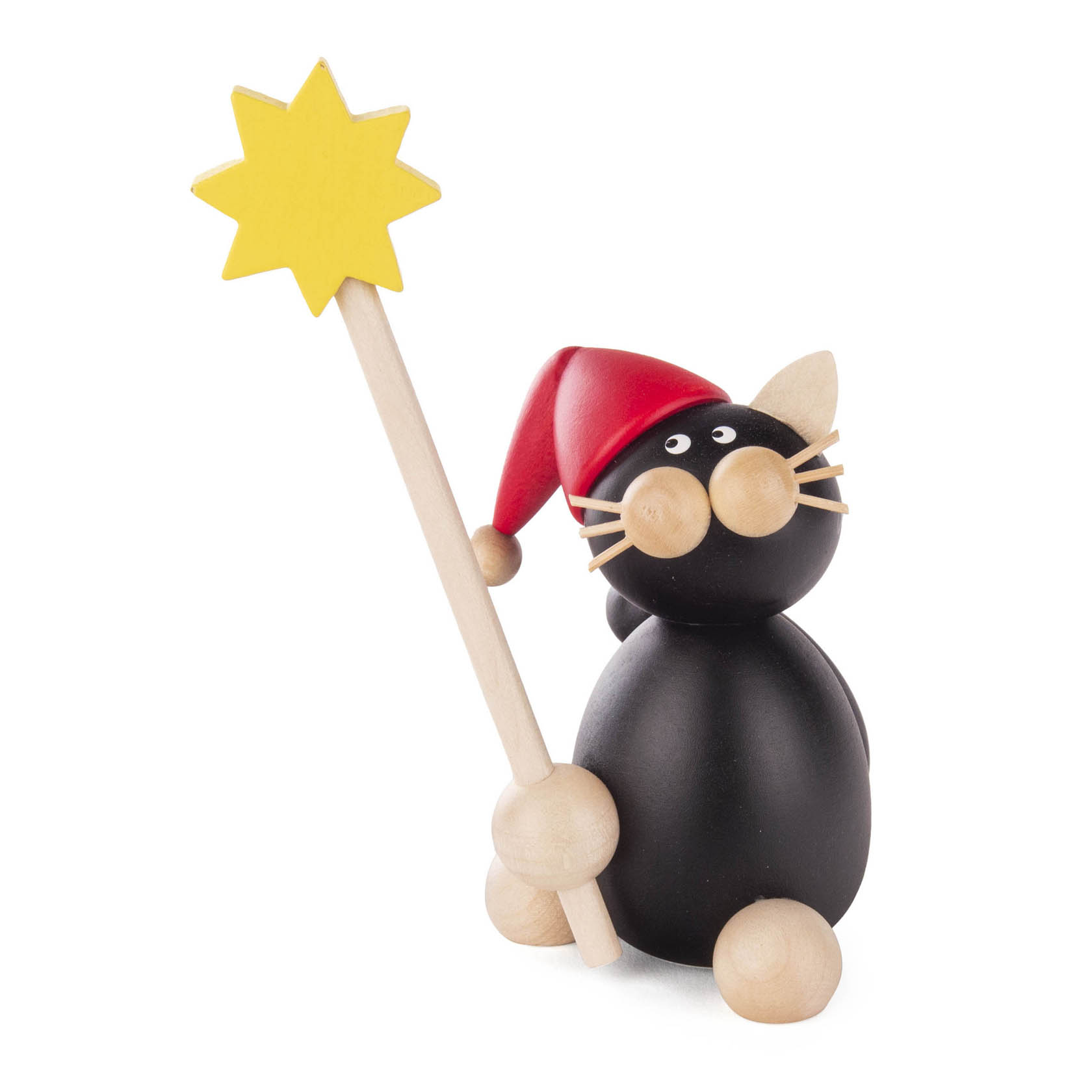 Holzfigur einer schwarzen Katze mit roter Weihnachtsmütze, die einen gelben Stern auf einem Stock hält. im Dregeno Online Shop günstig kaufen