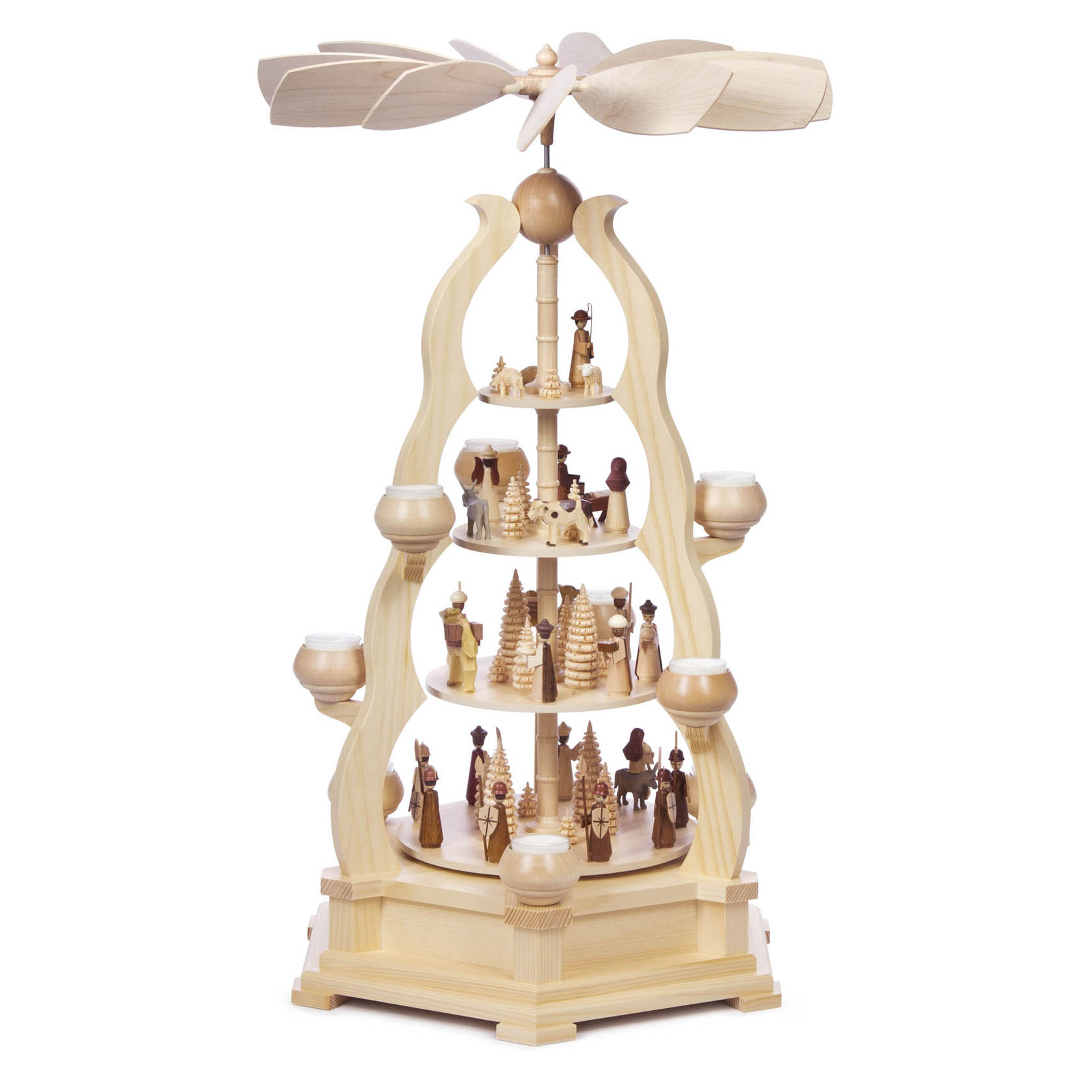 Holzpyramide mit vier Ebenen, darauf geschnitzte Figuren der Weihnachtsgeschichte. An den Seiten vier Teelicht-Halterungen, oben ein Flügelrad. im Dregeno Online Shop günstig kaufen