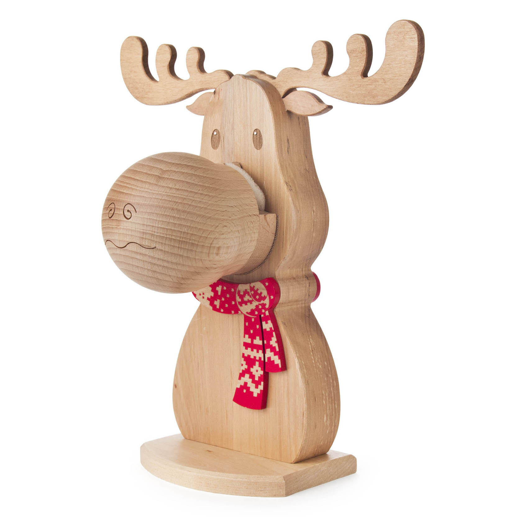 Holzfigur in Form eines Elchs mit Brille, verziert mit einem roten Schal mit weißem Muster. Der Elch dient als Brillenhalter.
