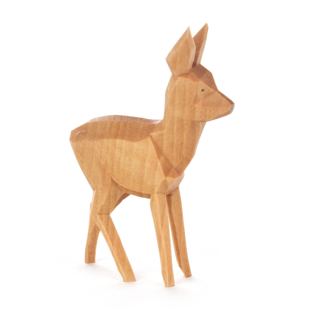 Holzfigur eines stehenden Rehs mit geometrischen Formen, naturbelassen und ohne Bemalung. im Dregeno Online Shop günstig kaufen