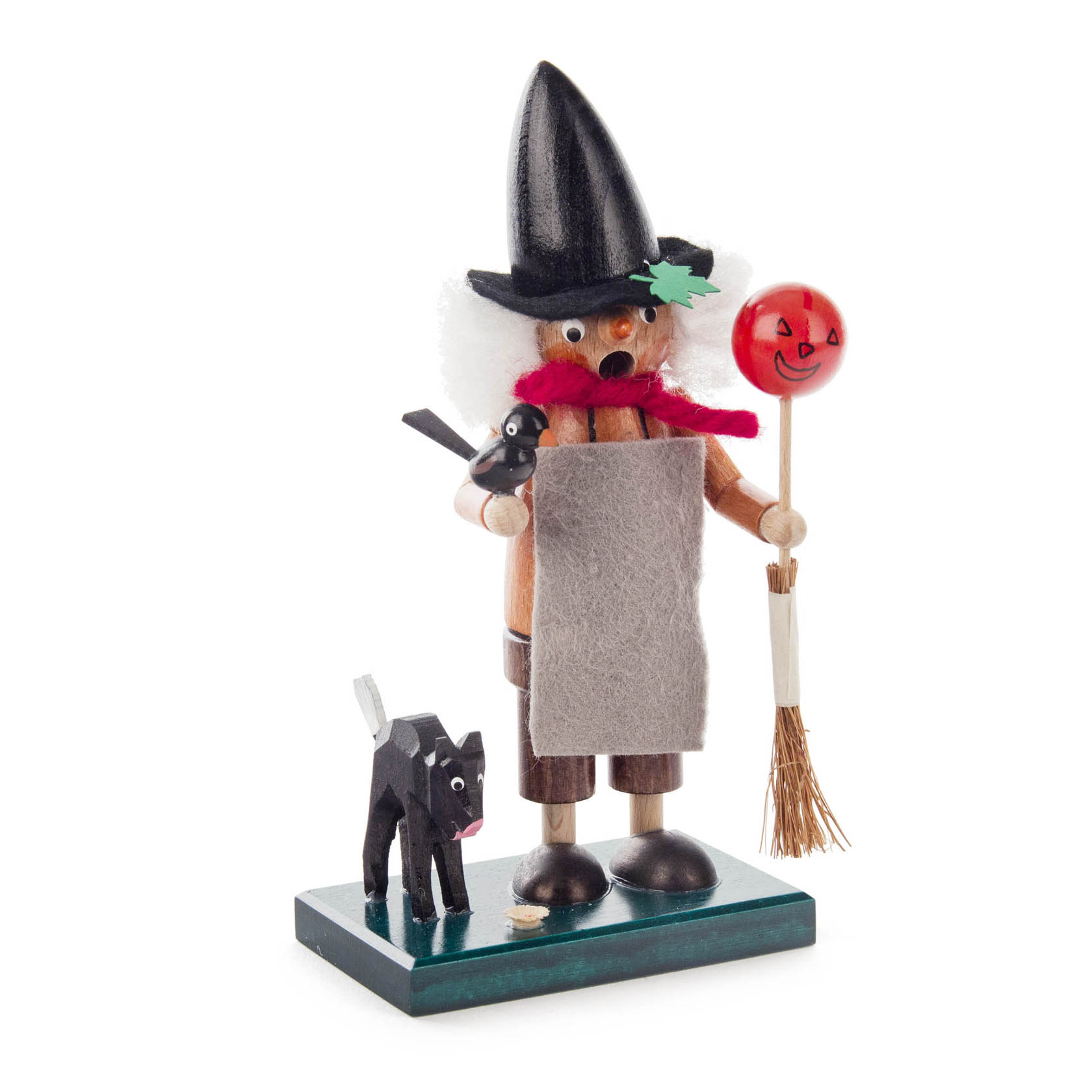 Handgeschnitzte Räucherfigur einer Hexe mit rotem Lippenstift, schwarzem Hexenhut, einer schwarzen Katze und einem Besen mit Smiley-Luftballon. im Dregeno Online Shop günstig kaufen