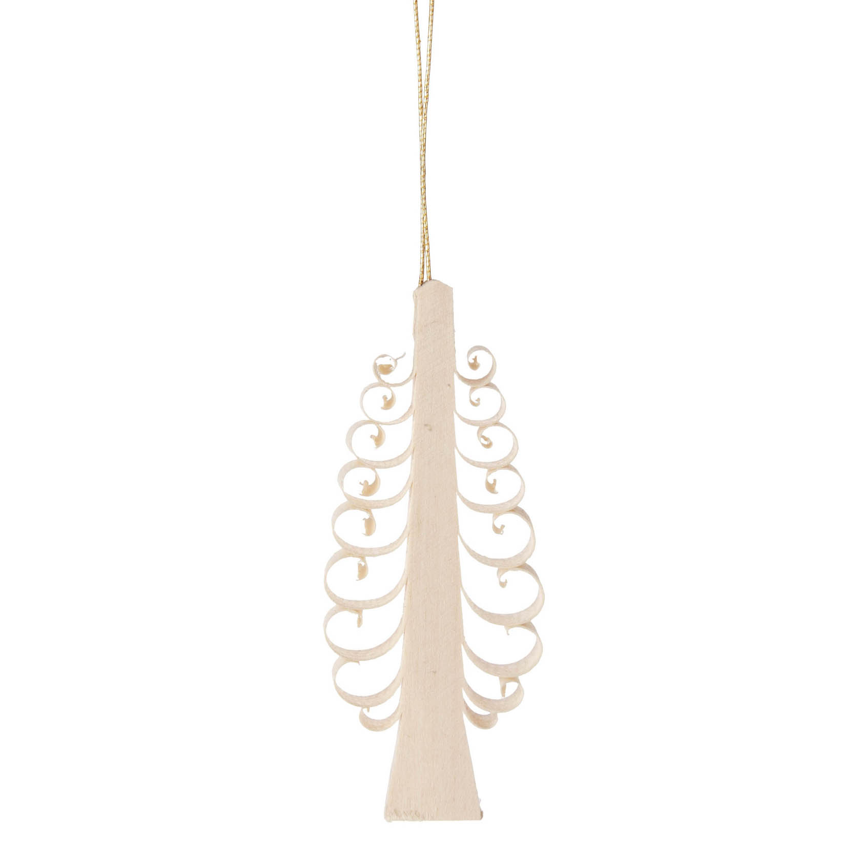 Ein flacher, naturfarbener Spanbaum aus Holz mit filigranen, spiralförmigen Zweigen, aufgehängt an einer goldenen Schnur.