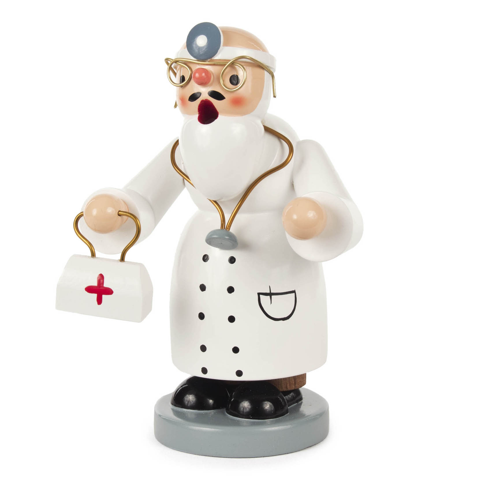 A wooden incense figure of a doctor, wearing a white coat, round glasses, and a stethoscope around the neck, holding a medical bag with a red cross. im Dregeno Online Shop günstig kaufen