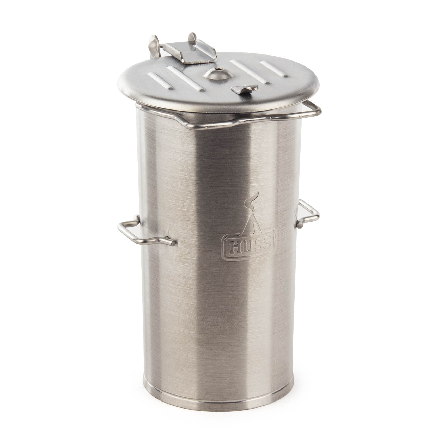 A sleek, stainless steel ash bin with a round, fitted lid and side handles, marked with the logo 'HUSS'. im Dregeno Online Shop günstig kaufen